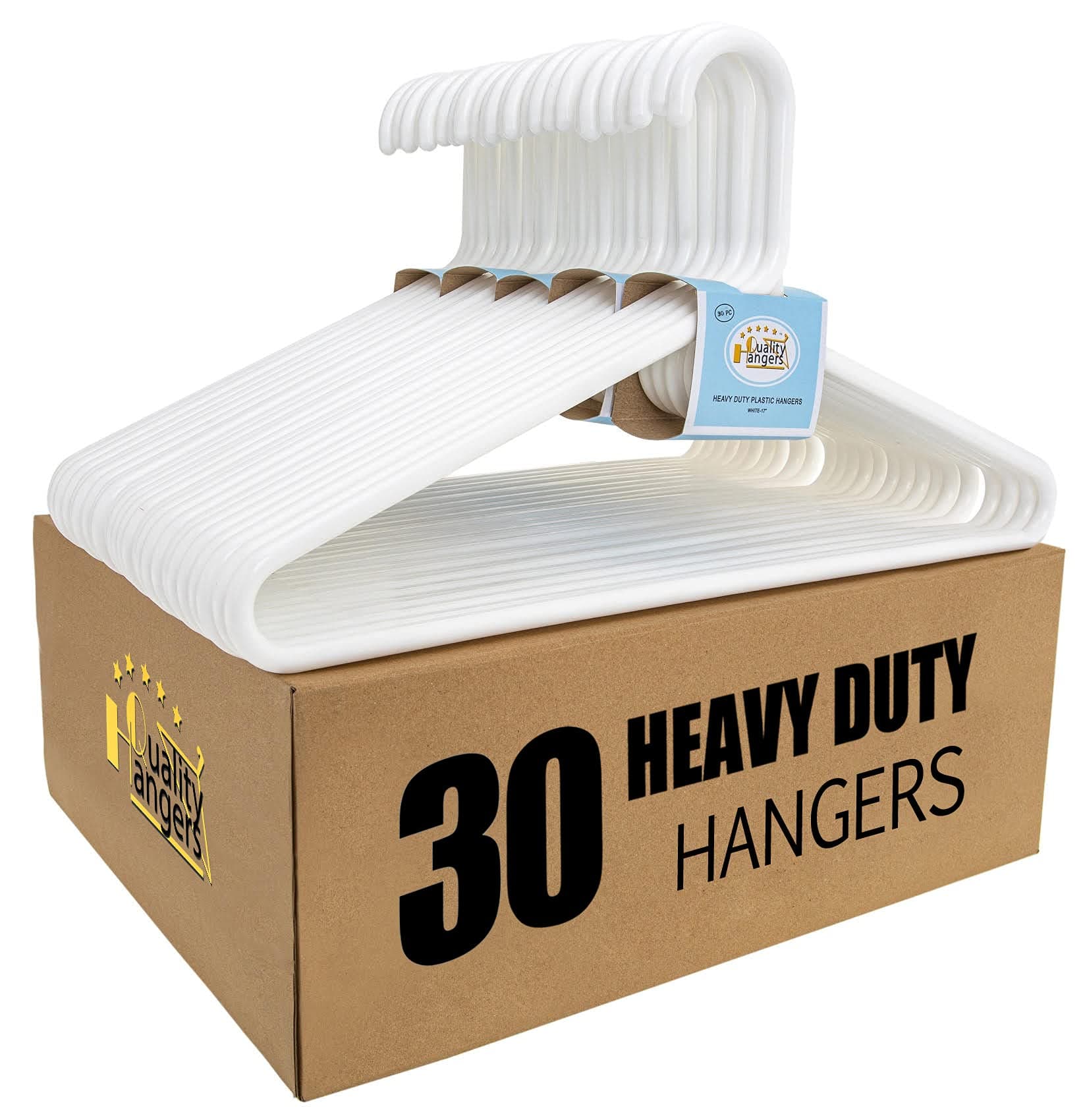 Quality White Plastic Hangers 30 Pack - Super Heavy Duty Multipack for Clothes - Thick Strong Standard Closet Clothing Hangers with Hook for Scarves and Belts-17 for Coats (White, 30) White 30