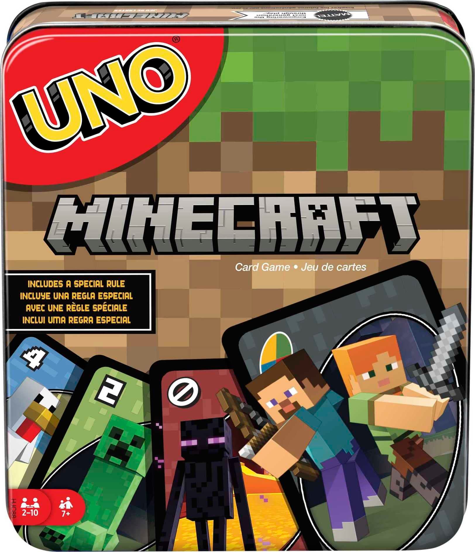 Mattel Games UNO Card Game, Gifts for Kids and Family Night, Themed to Minecraft Video Game, Travel Games, Storage Tin Box (Amazon Exclusive) UNO Minecraft