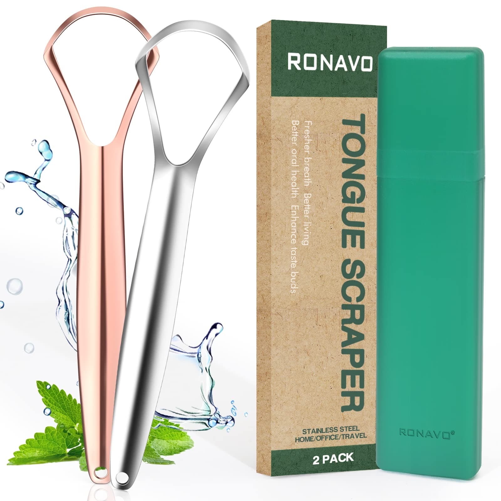 RONAVO Tongue Scraper for Adults, Two Colors Designed for Couples, Cure Bad Breath, Tongue Cleaners Stainless Steel, Metal Tongue Scrapers for Oral Care & Hygiene (2 Pack) Wider Tongue Scraper(2 Colors)