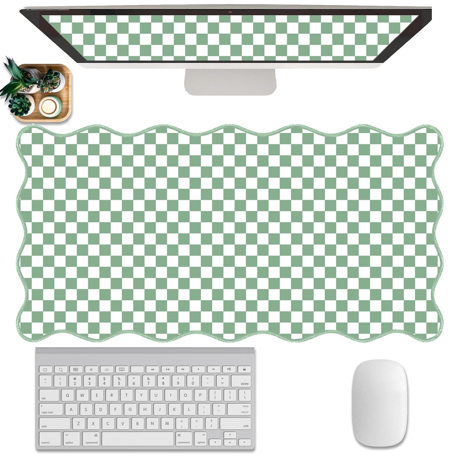 Scalloped Desk Mat Extended Large Cute Mouse Pad Big Desk Pad XXL Aesthetic Plaid Mousepad Checkered Gaming Mouse Pad for Keyboard Computer Laptop Home Office Accessories Girl 31.5X15.7 Inches Green