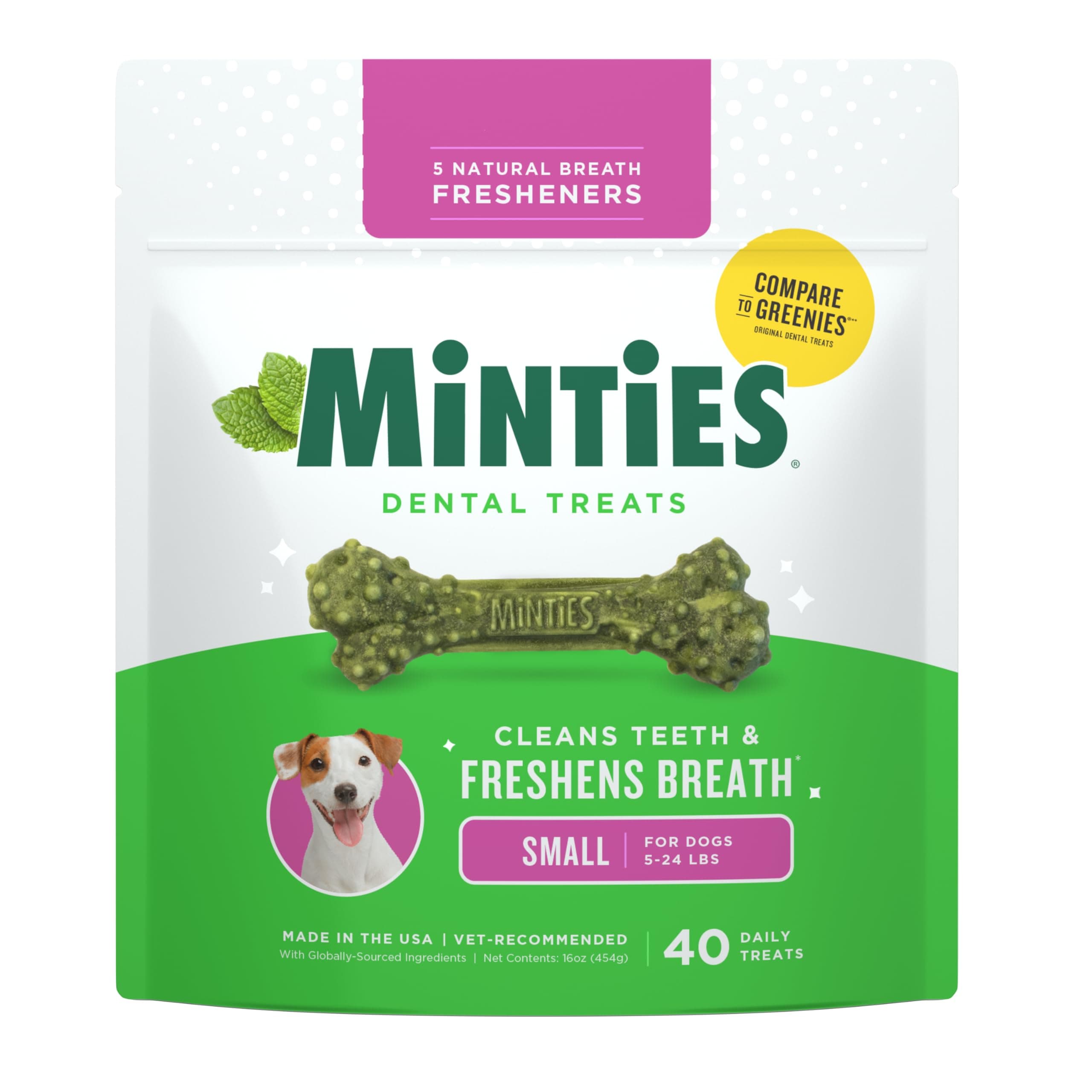 Minties Dental Chews for Dogs, 40 Count, Vet-Recommended Mint-Flavored Treats for Tiny/Small Dogs 5-24 lbs, Dental Bones Clean Teeth, Fight Bad Breath, and Removes Plaque and Tartar Small Mint 16 Ounces