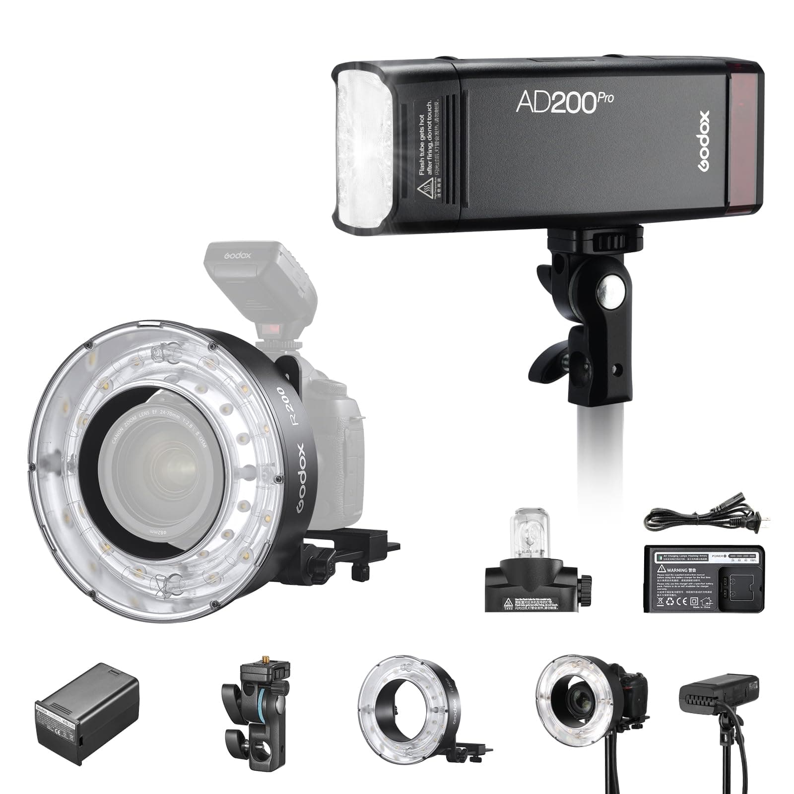 GODOX [AD200PRO 2025 Updated Version] with GODOX R200 Ring Flash AD200Pro 200Ws 1/8000 HSS Flash Strobe with R200 Ring Flash Head,2900mAh Battery,2.4G 500 Full Power Flashes, 0.01-1.8s Recycling,