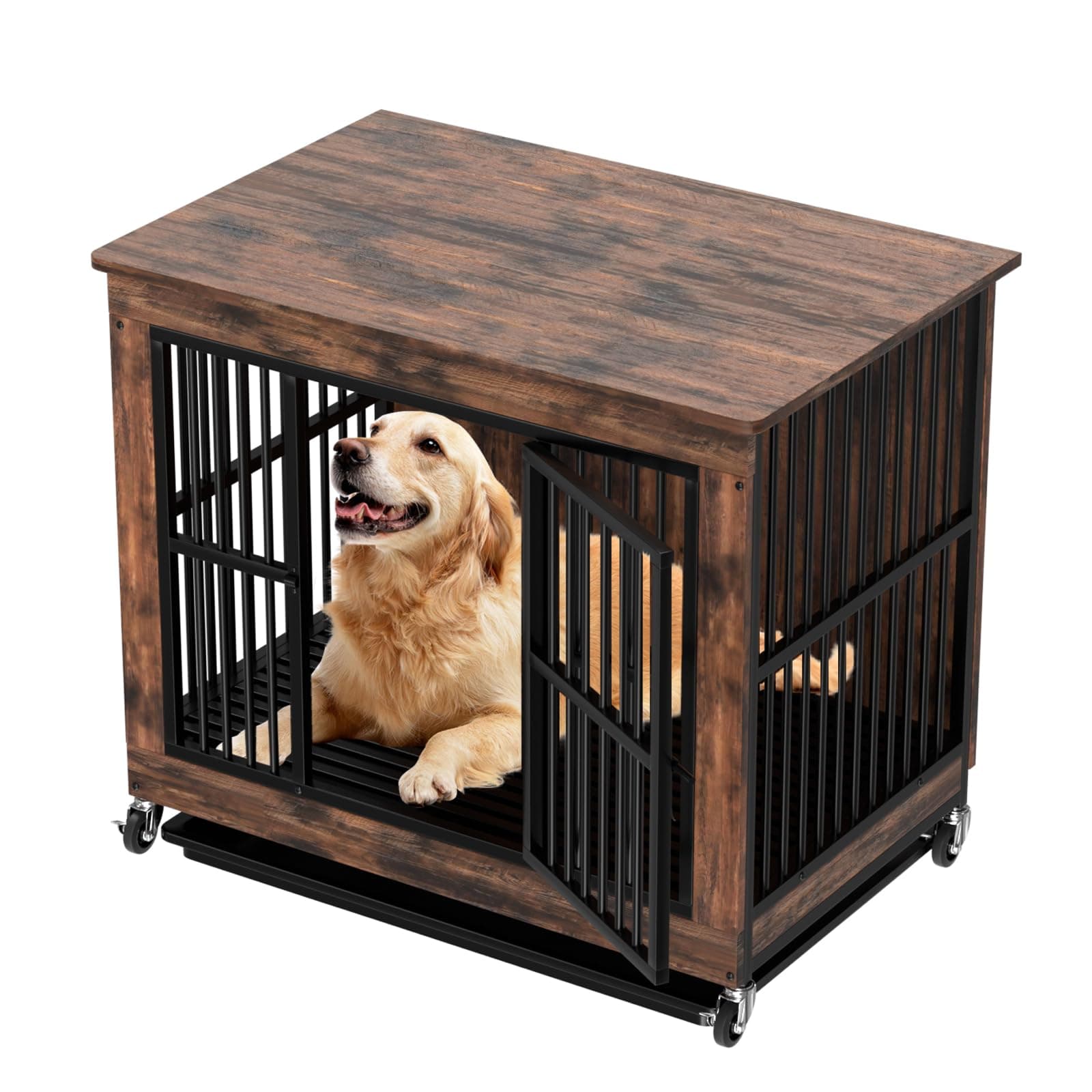 Hidden Dog Crate Furniture for Living Room, Rustic Brown End Table with Removable Top & Pull-Out Tray, Chew Proof Wooden Indoor Kennel for Large Dogs (39" L×26.5" W×35" H) 39"L×26.5"W×35"H