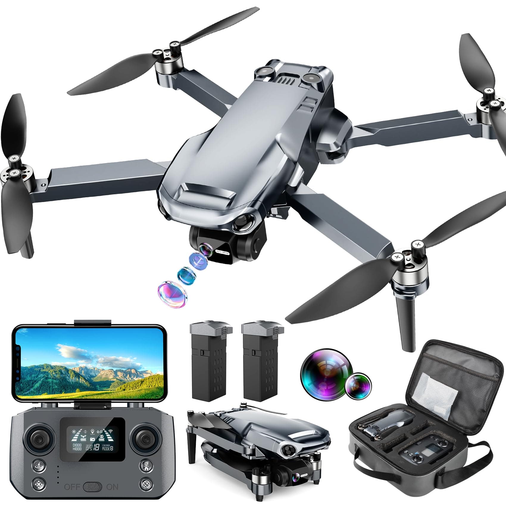Glorale GPS Drone with 4K Camera for Adults, Foldable RC Quadcopter with 1640ft Range Video Transmission, 3-Axis Gimbal, 46 Mins Flight Time, Auto Return, Follow Me, Circle Fly, Waypoint Fly, Gesture Control Silver Gray