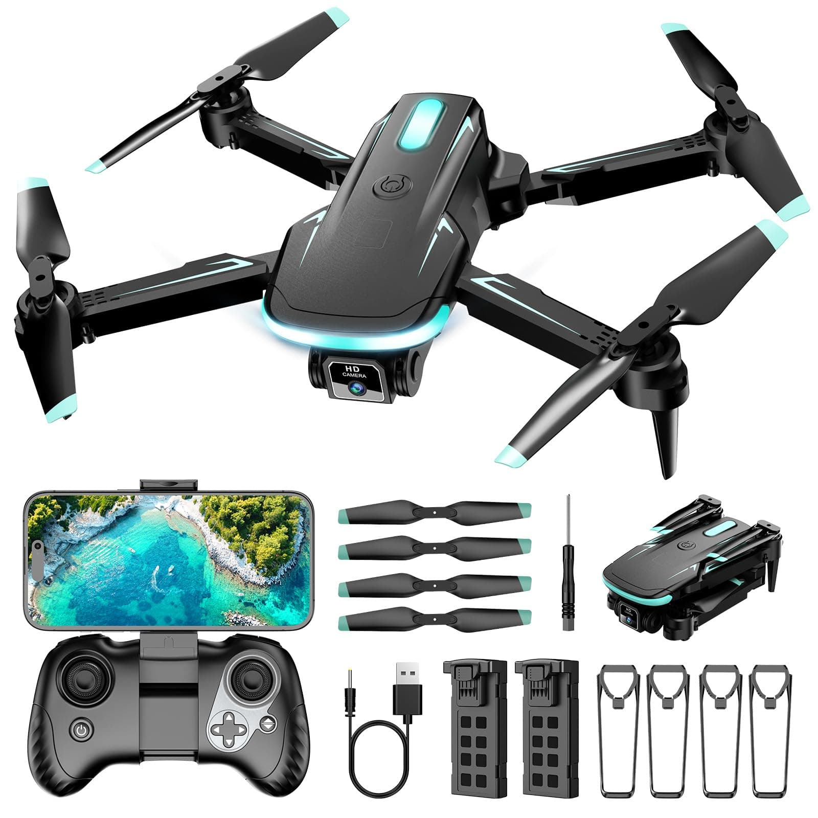 Drone with Camera 1080P HD, FPV Foldable Mini Drone for Beginners Kids Boys Girls, with 2 recharging Batteries, Carrying Case, One Key Start, Stable Hover, Trajectory Flight, Toys Gifts (Black)