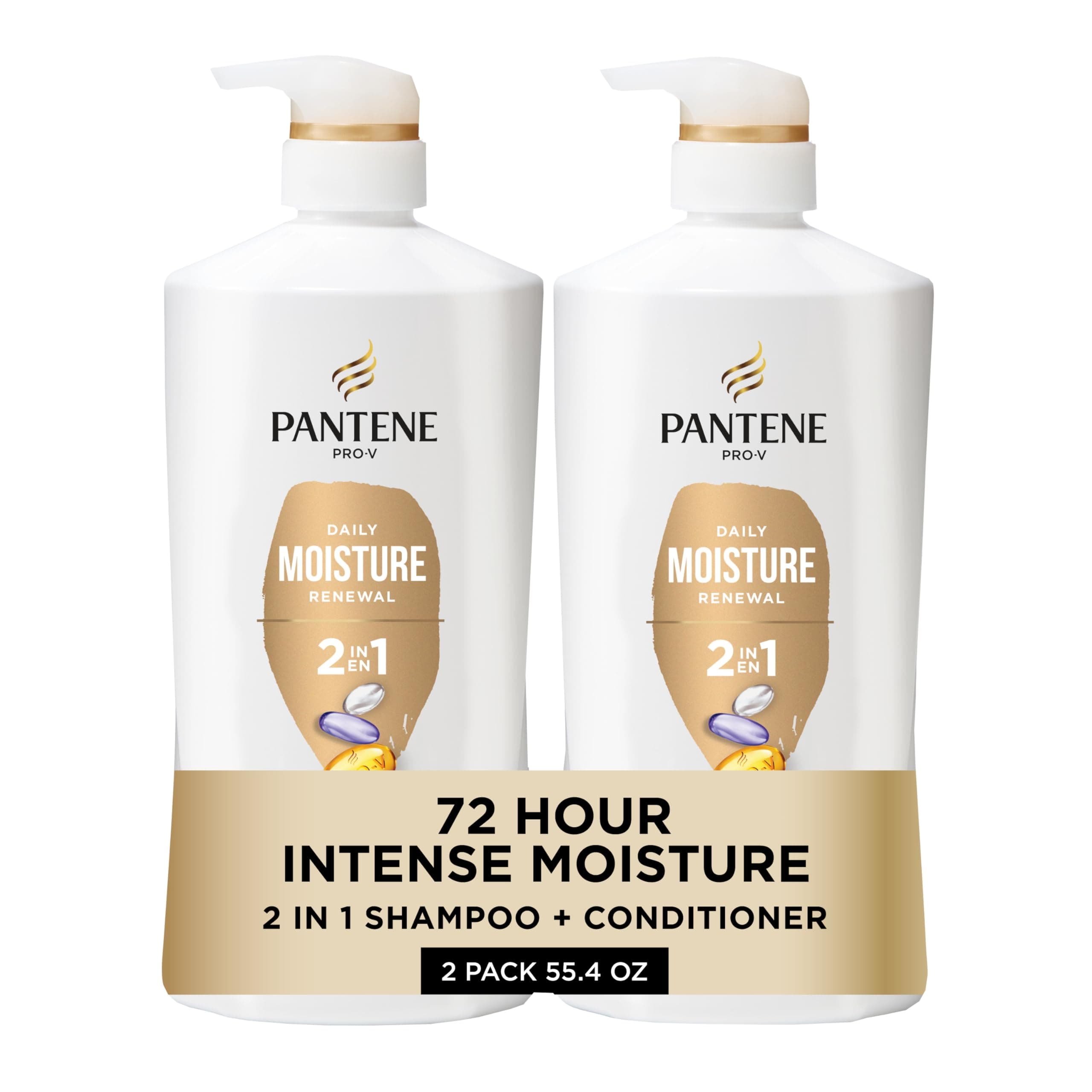 Pantene 2-in-1 Shampoo & Conditioner, Daily Moisture Renewal - Pro-V Nutrients for Dry, Color-Treated, Straight to Curly Hair, 72-Hour Hydration & Softness, 27.7 Oz Each, 2-Pack + Rescue Shot (0.5 Oz) Daily Moisture Renewal 55.9 Fl Oz (Pack of 1)