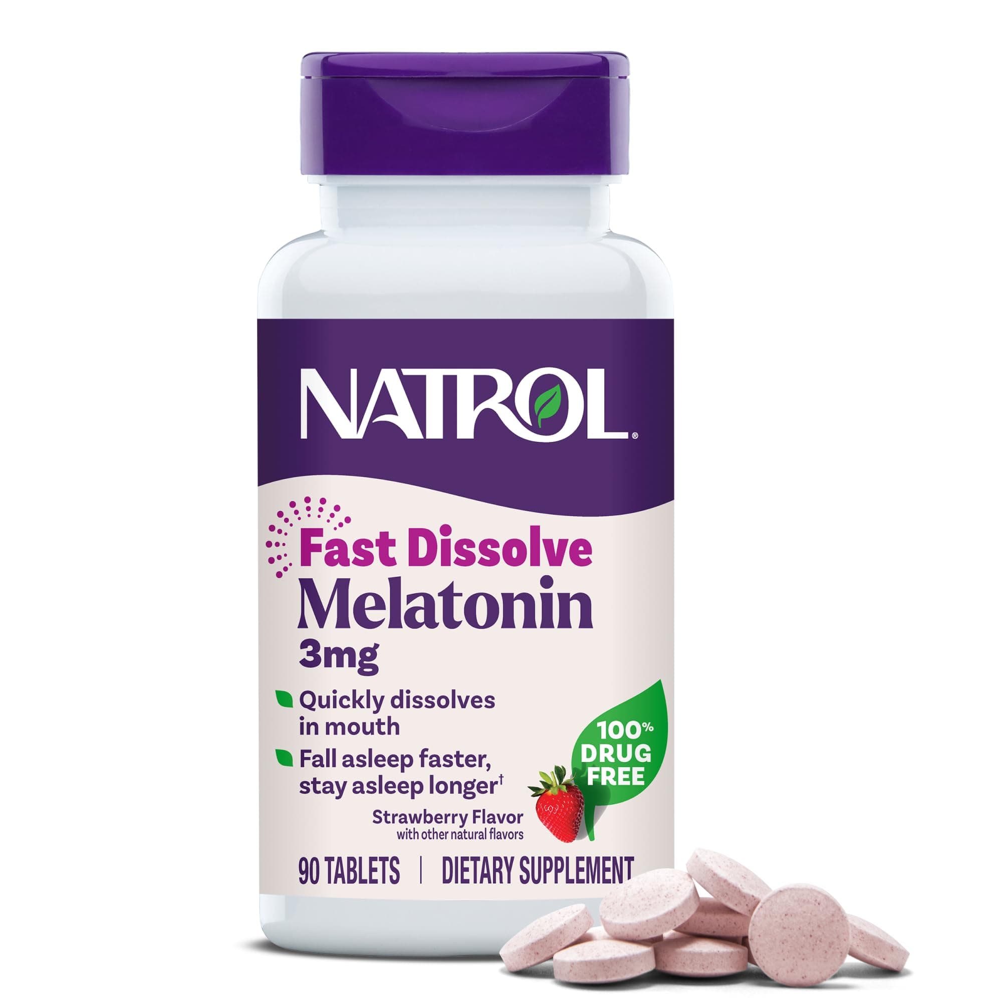Natrol Fast Dissolve Melatonin 3 mg, Melatonin Supplements for Restful Sleep, Sleep Support for Adults, 90 Strawberry-Flavored Tablets, Up to a 90 Day Supply 90 Count (Pack of 1)