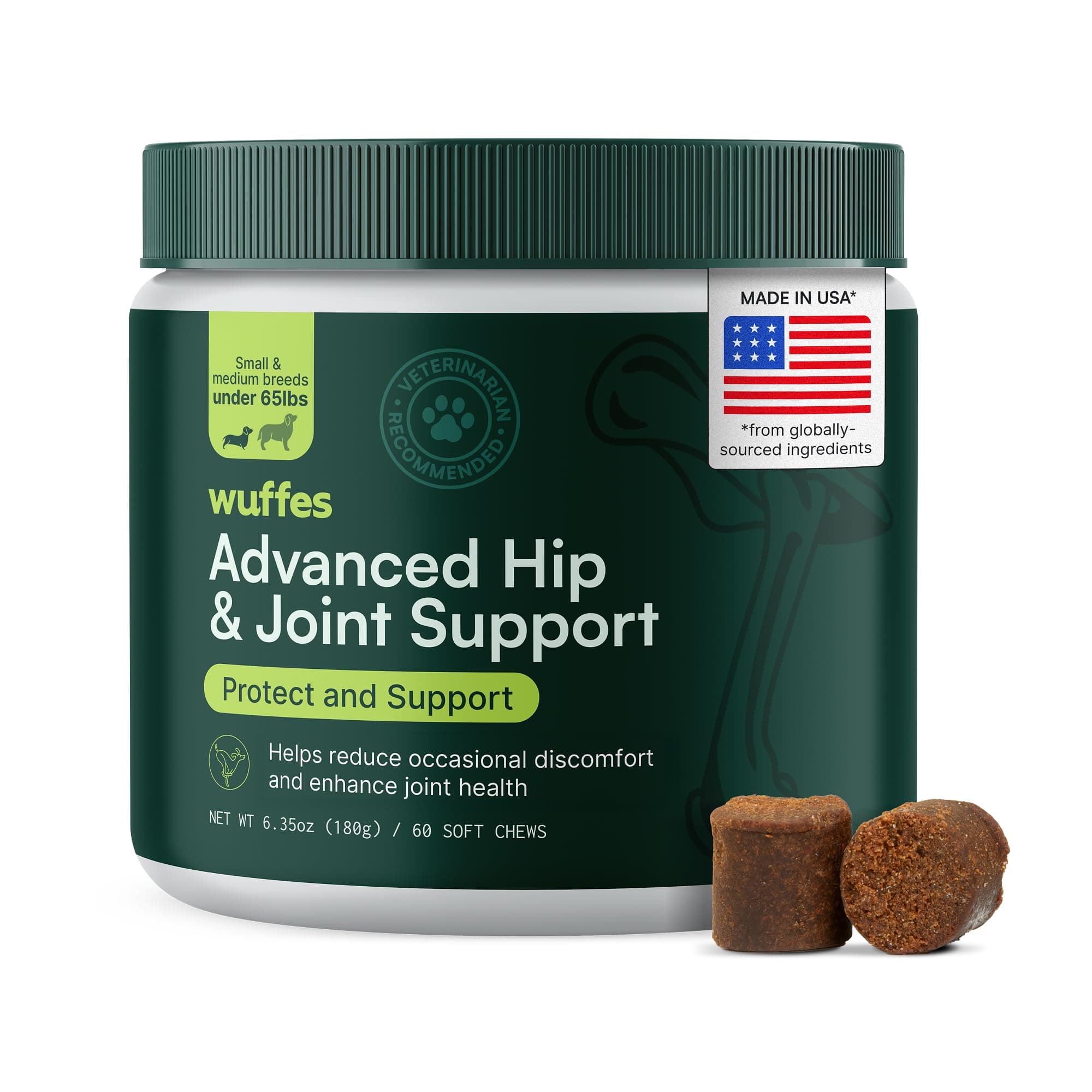 Wuffes Advanced Dog Hip and Joint Supplement with Glucosamine, Chondroitin, Omega 3, MSM, and Green Lipped Mussel, 60 Pork Flavored Chews for Small and Medium Dog Breeds Small & Medium Breed Pack of 1