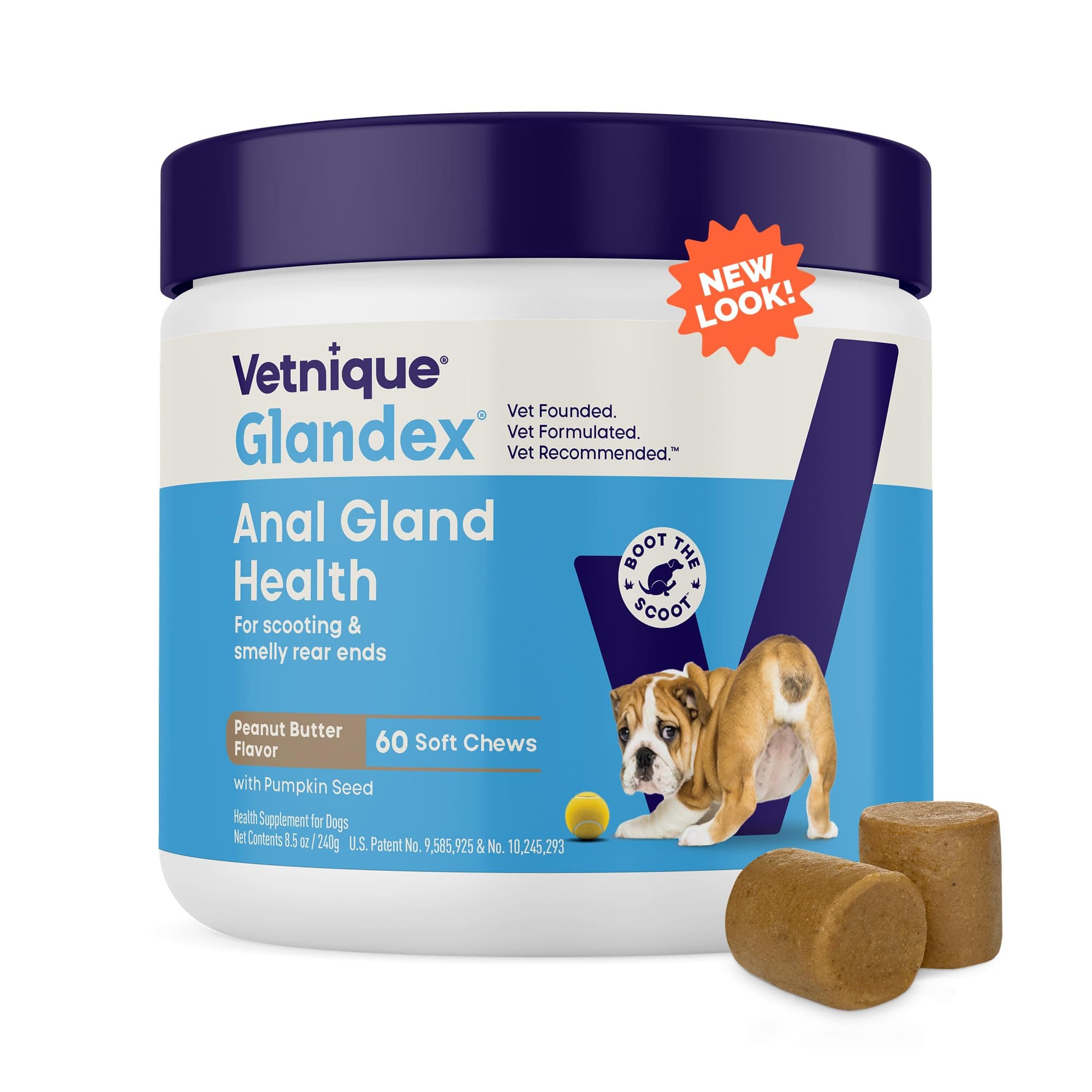 Vetnique Glandex Anal Gland Soft Chew Treats with Pumpkin for Dogs Digestive Enzymes, Probiotics Fiber Supplement for Dogs Boot The Scoot (Peanut Butter Chews, 60 Count) Peanut Butter Chews 60ct