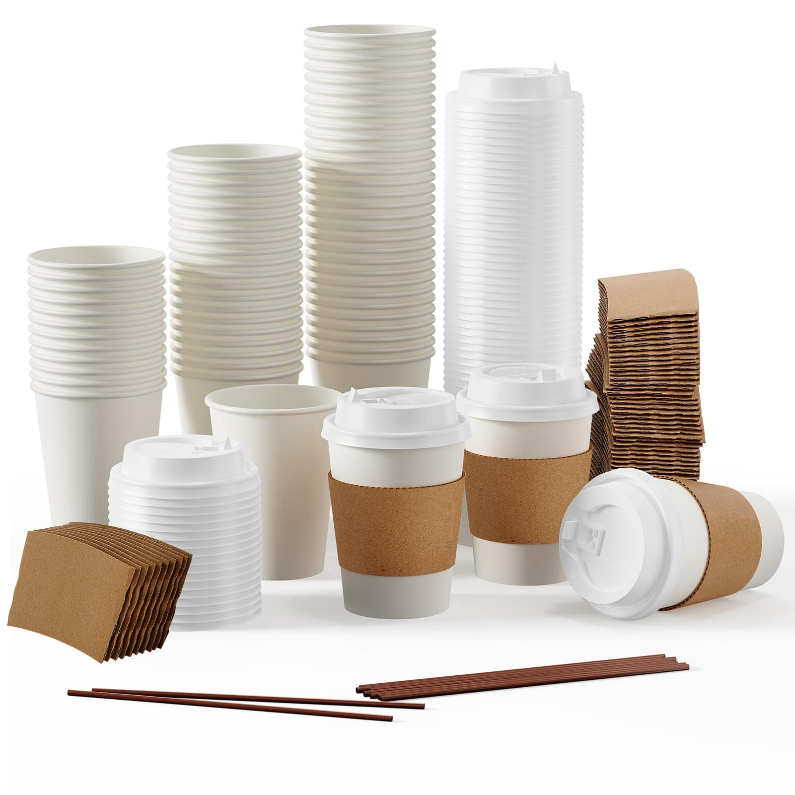 [100 Pack] 12 oz Paper Coffee Cups, Disposable Paper Coffee Cup with Lids, Sleeves, and Stirrers, Hot/Cold Beverage Drinking Cup for Water, Juice or Tea, Suitable for Home, Shops and Cafes 12oz 100Pack