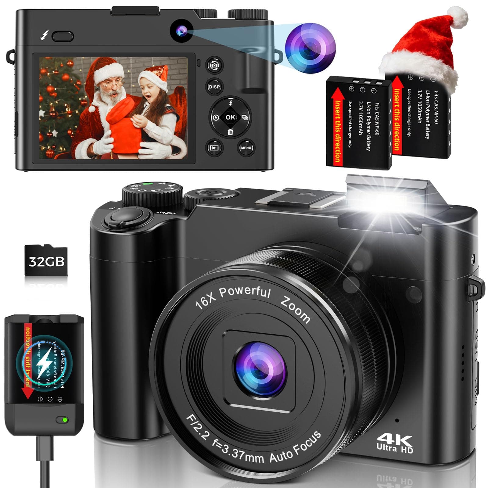 4K Digital Camera for Photography and Vlogging, 64MP Compact Autofocus YouTube Video Camera with Dual Lens 3" IPS Selfie Anti-Shake, 16X Zoom, Flash, 32GB Card, 2 Batteries, Teens & Beginners, Black
