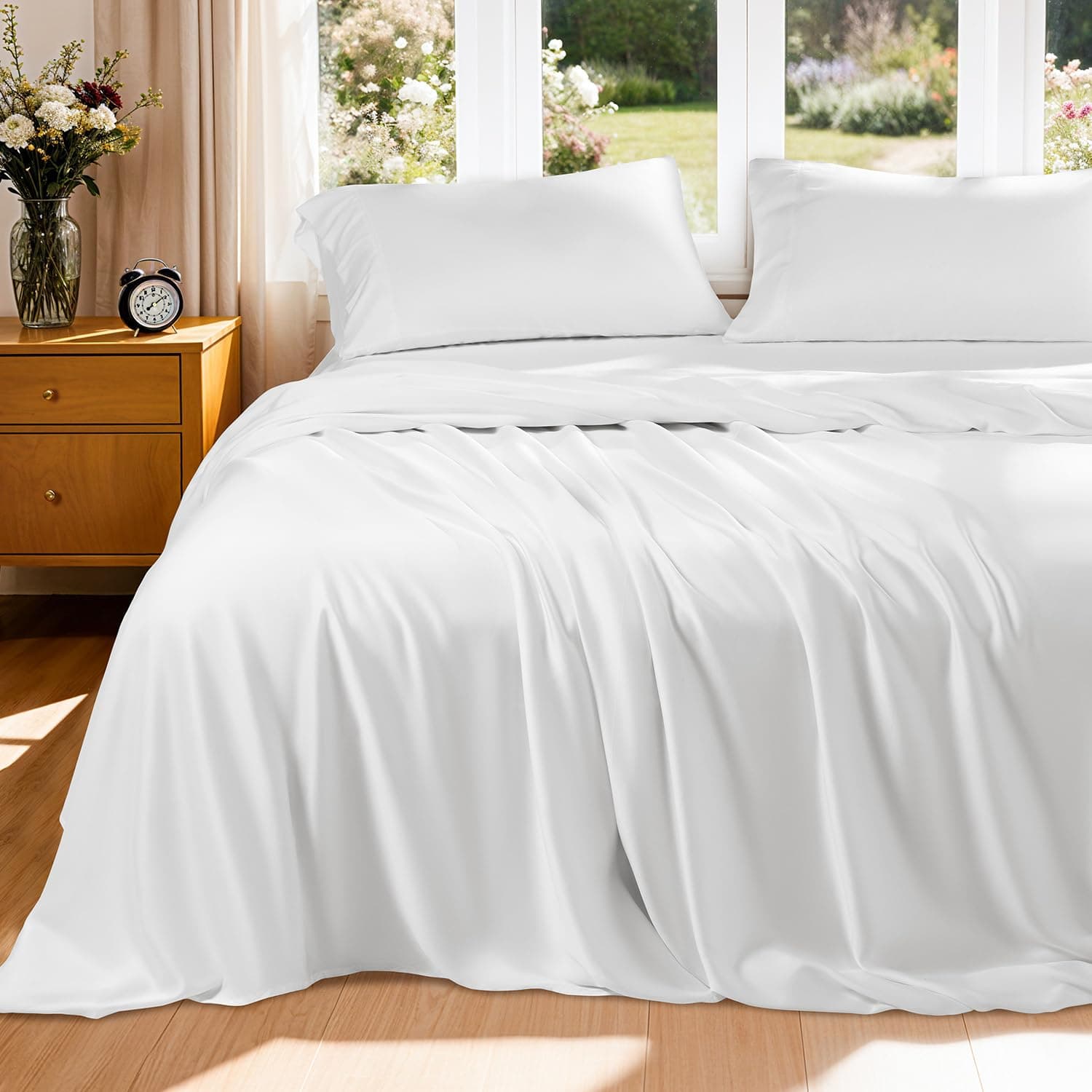 Luxury Mulberry Silk Modal King Size Sheet Set 4pc, Ultra Breathable & Cooling Bed Sheets for Hot Sleepers, Hotel Luxury Silky Bedding Sheets, 16" Deep Pocket(King,White) White King