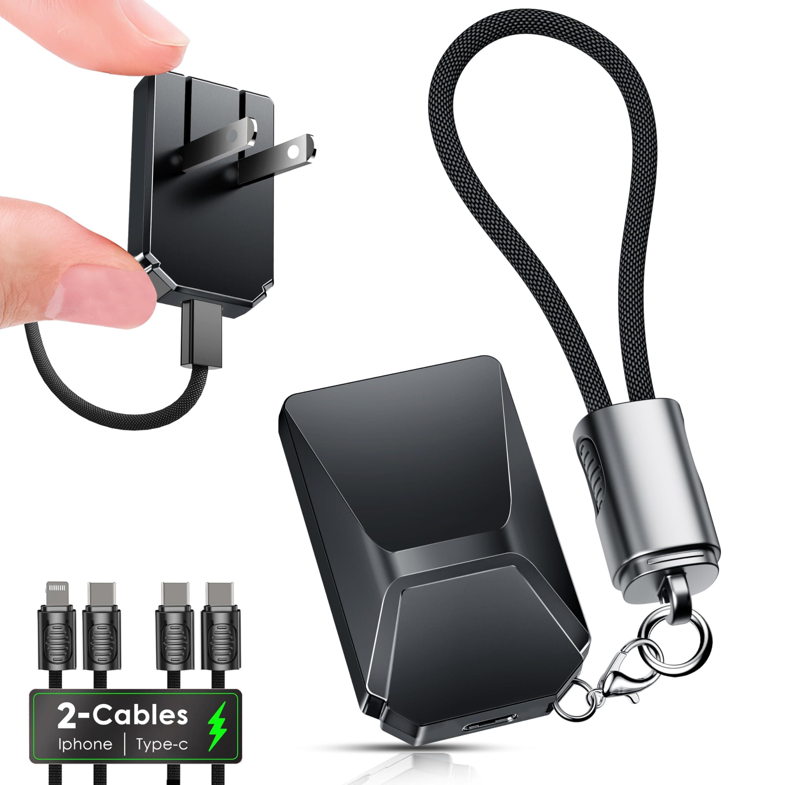 Merryking USB C Charger for iPhone 16/15 Charger Fast Charging,GaN Keychain Design Fast Wall Charger Block with USB C to C & C to Lightning Cable,Christmas Gift for men,Foldable and Compact for iPhone(Black)