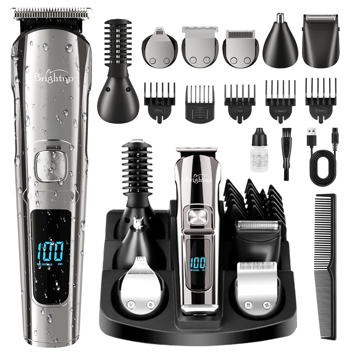 Brightup Beard Trimmer for Men - Electric Razor & Shaver, Cordless Hair Clippers Trimmers Set, IPX7 Waterproof Mens Grooming Kit for Shaving Face, Mustache, Body, Ear, Nose Hair Trimmer, Gifts for Men Black