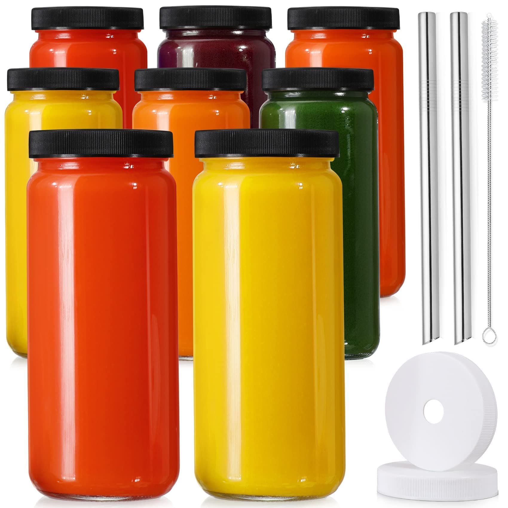 [ 8 Pack ] Glass Juicing Bottles with 2 Straws & 2 Lids w Hole- 16 OZ Travel Drinking Jars, Water Cups with Black Airtight Lids, Reusable Tall Mason Jar for Juice, Bubble Tea, Smoothie, Tea, Kombucha Black Lids