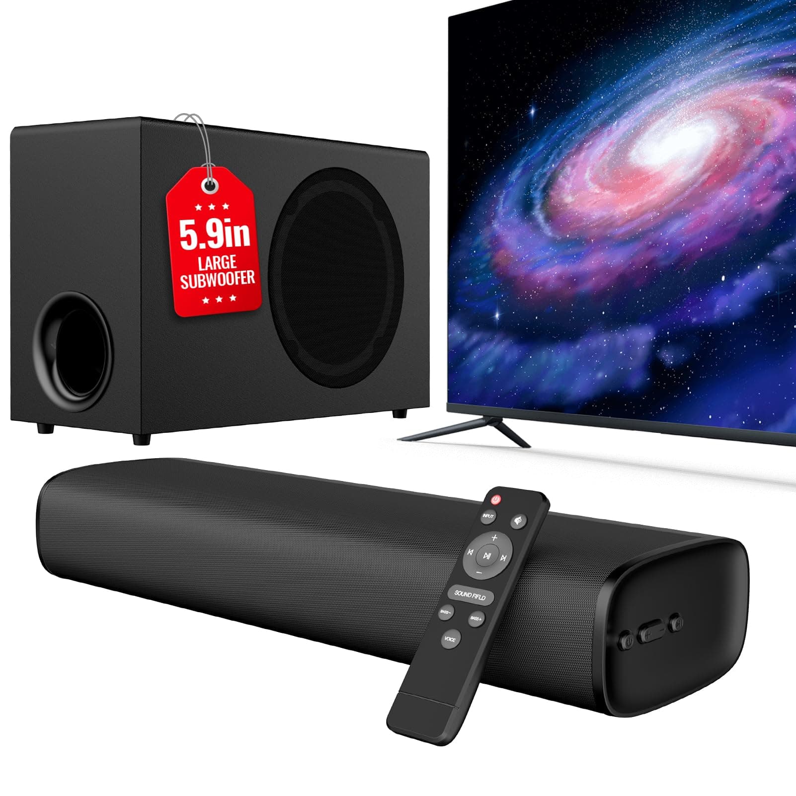 Upgraded Sound Bar for TV with 5.9inch Big Powerful 110W Subwoofer, Deep Bass, Bluetooth 5.4, ARC/Optical/AUX/Bluetooth Connect, Surround Sound System for PC/Gaming/Projectors/Gift Black