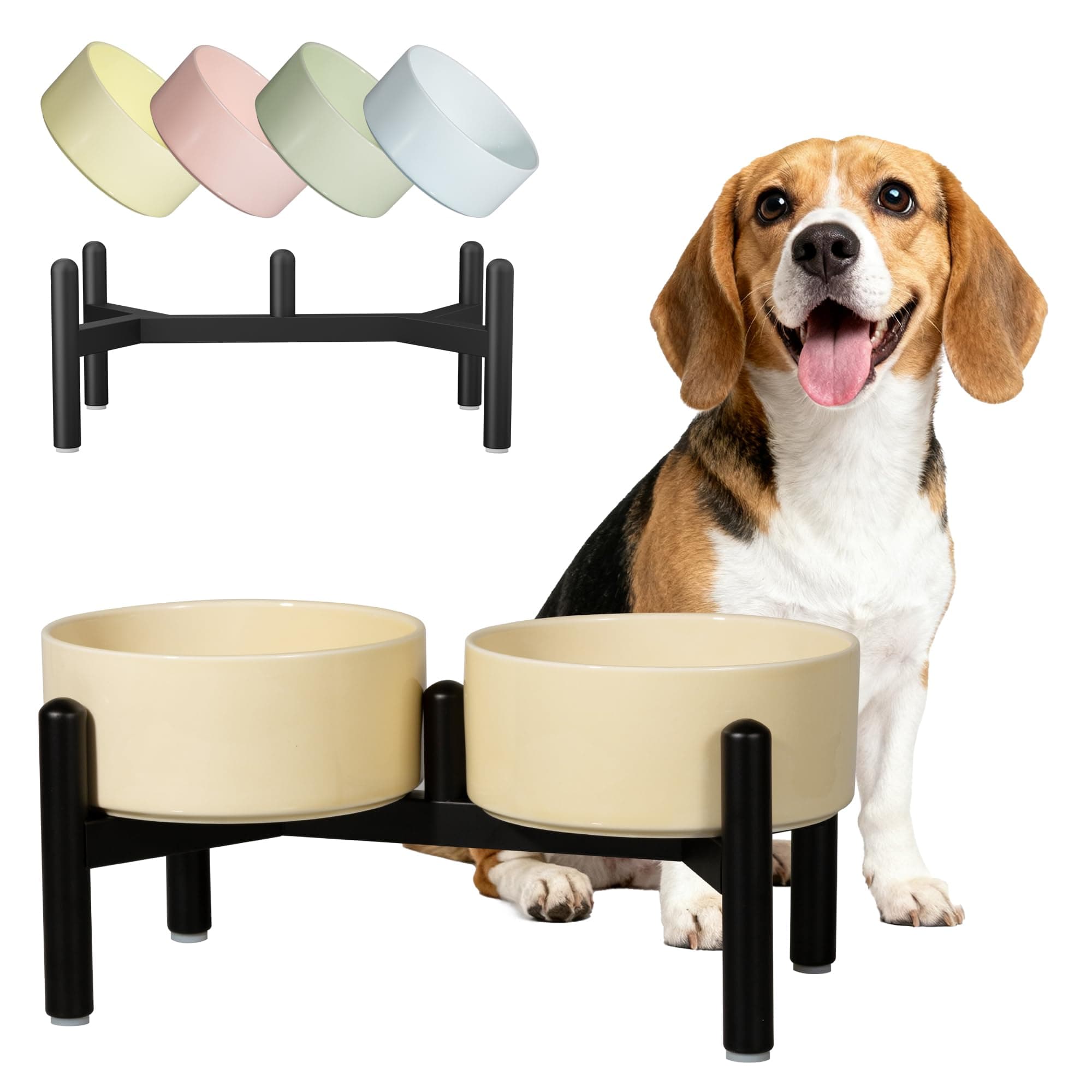 Ceramic Elevated Dog Bowl Set - Dog Feeder Station with Cute-Style Double Bowls for Small and Medium Size Breed - Non-Slip Raised Dish for Food and Water Feeding- 6 Inch - 3.5 Cups / 20 fl oz - Khaki M Khak