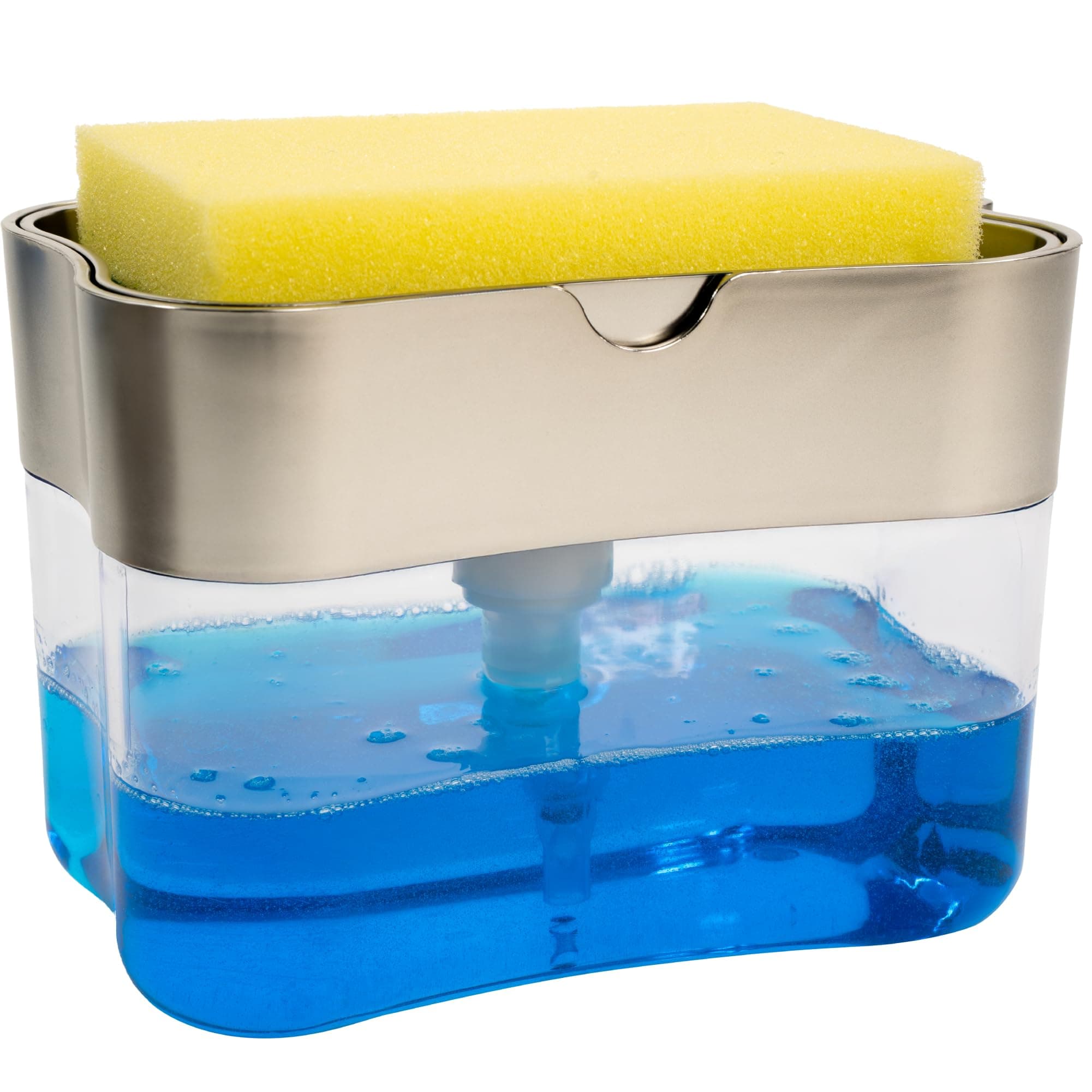 S&T INC. Dish Soap Dispenser and Sponge Holder for Kitchen Sink, Sponge Included, 13 Ounces, Metallic Silver Metallic Grey