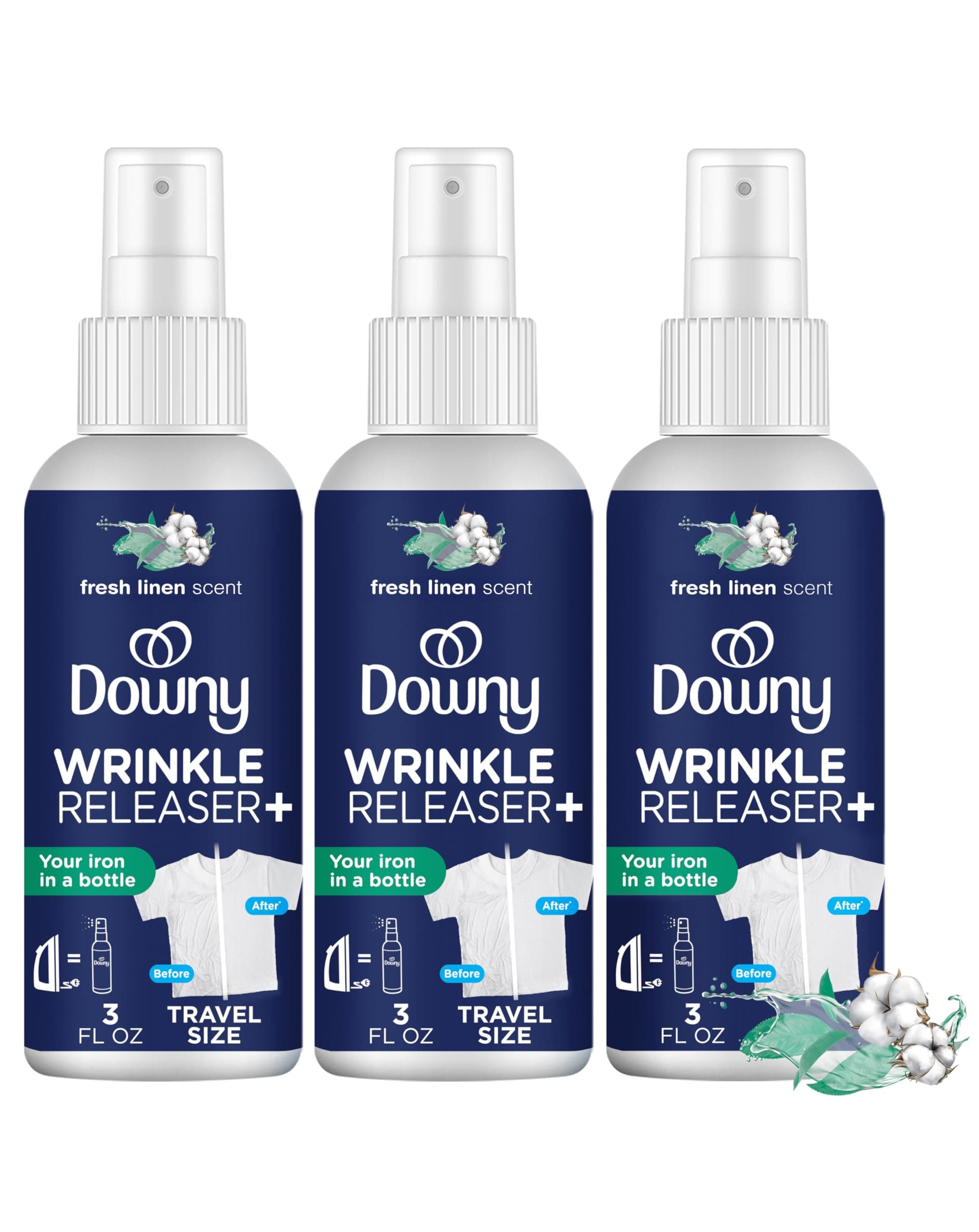 Downy Wrinkle Release Spray, Travel Size Spray, All In One Formula, Removes Wrinkles, Static and Odor Eliminator, Crisp Linen Scent, 3 Fl Oz, Pack of 3 3 Fl Oz (Pack of 3) Linen