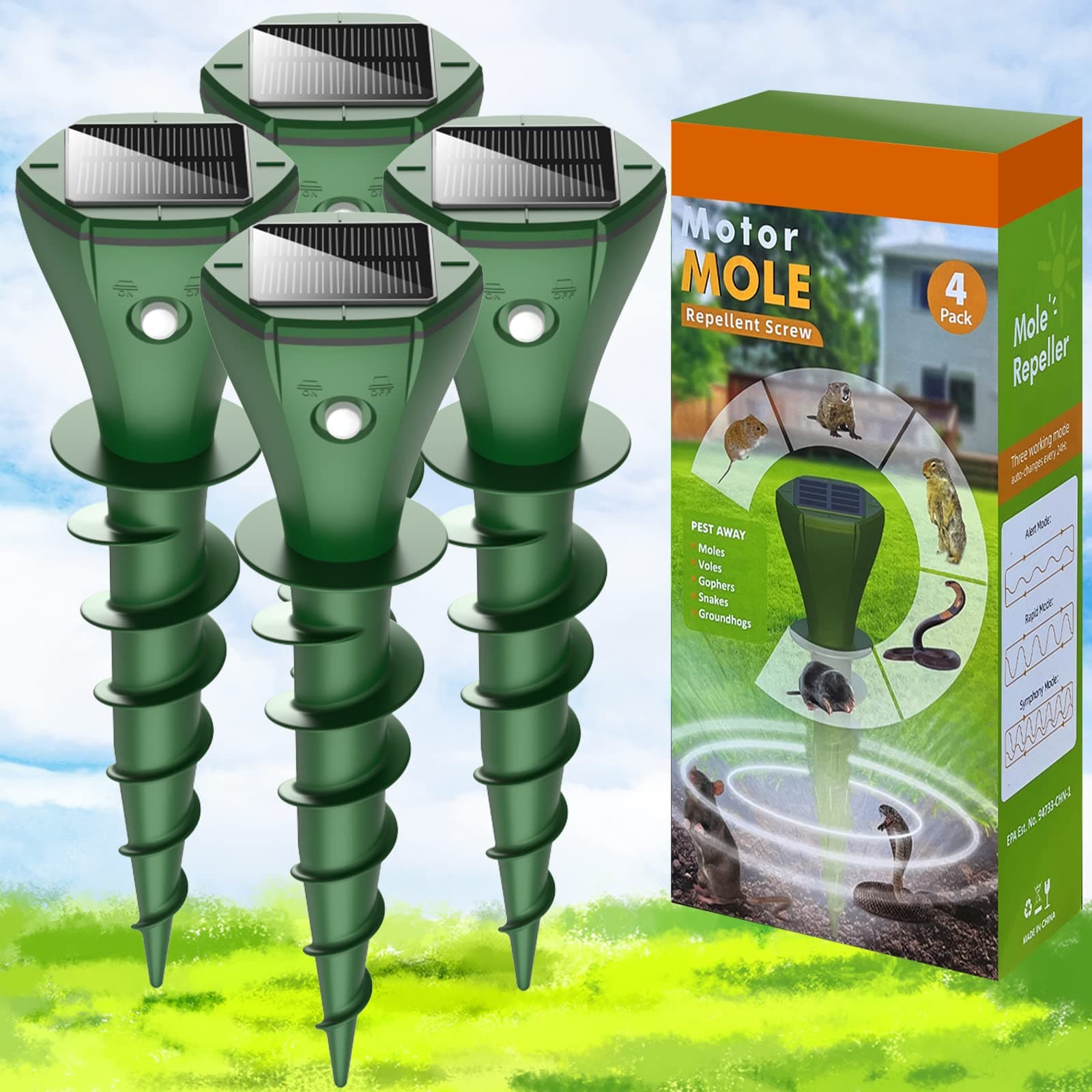 Mole Repellent Solar Powered, 4 Pack Solar Powered Mole Repellent, Groundhog Repellent for Outside, IP65 Waterproof Ultrasonic Vole Repeller Outdoor, Mole, Skunk Deterrent for Yard, Lawns, Garden 1 Count (Pack of 4)