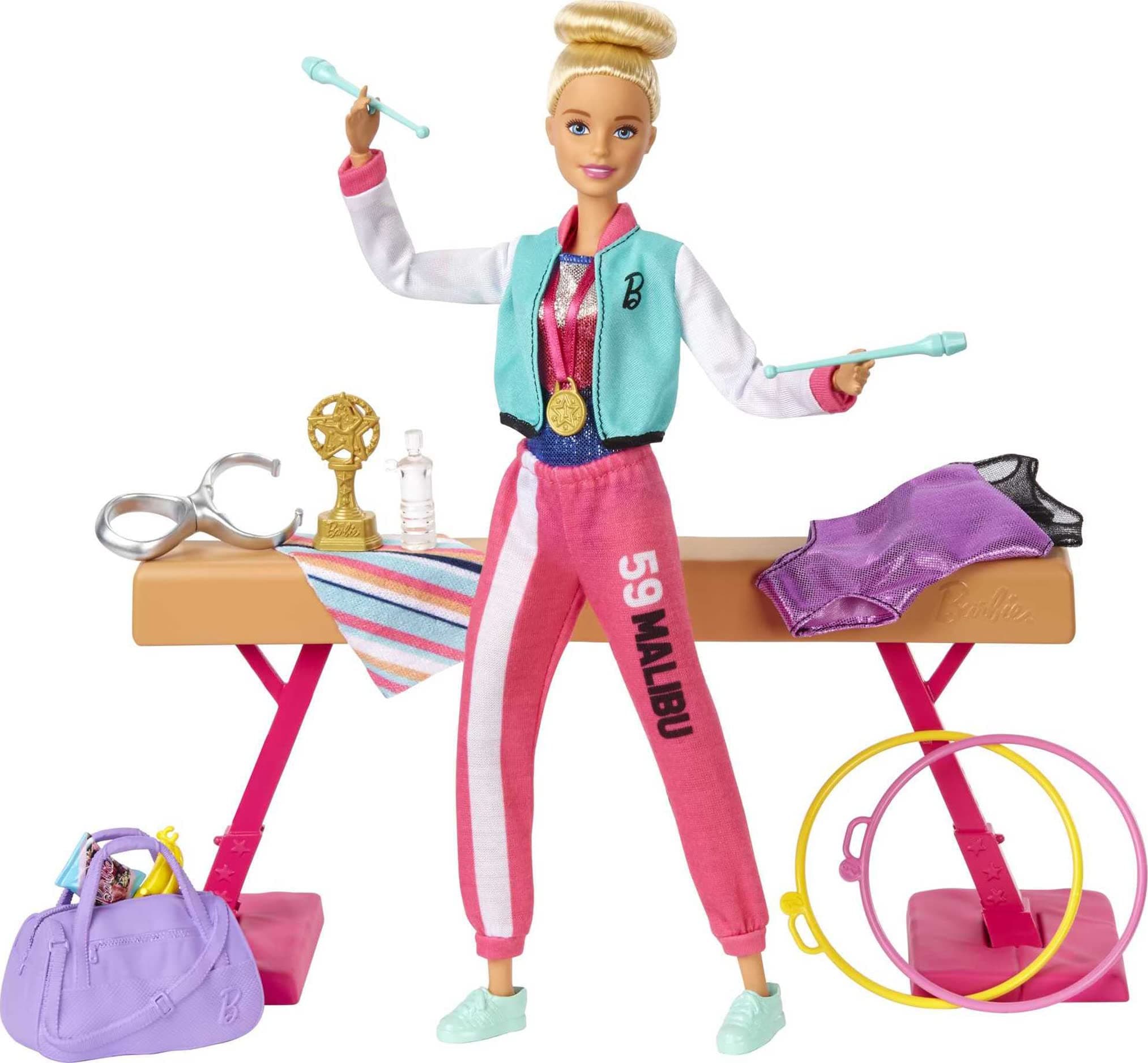 Barbie Careers Playset, Blonde Gymnast Doll with Balance Beam, Twirling Toy & 15+ Accessories Including Clothes, Hoops, Trophy & More Single