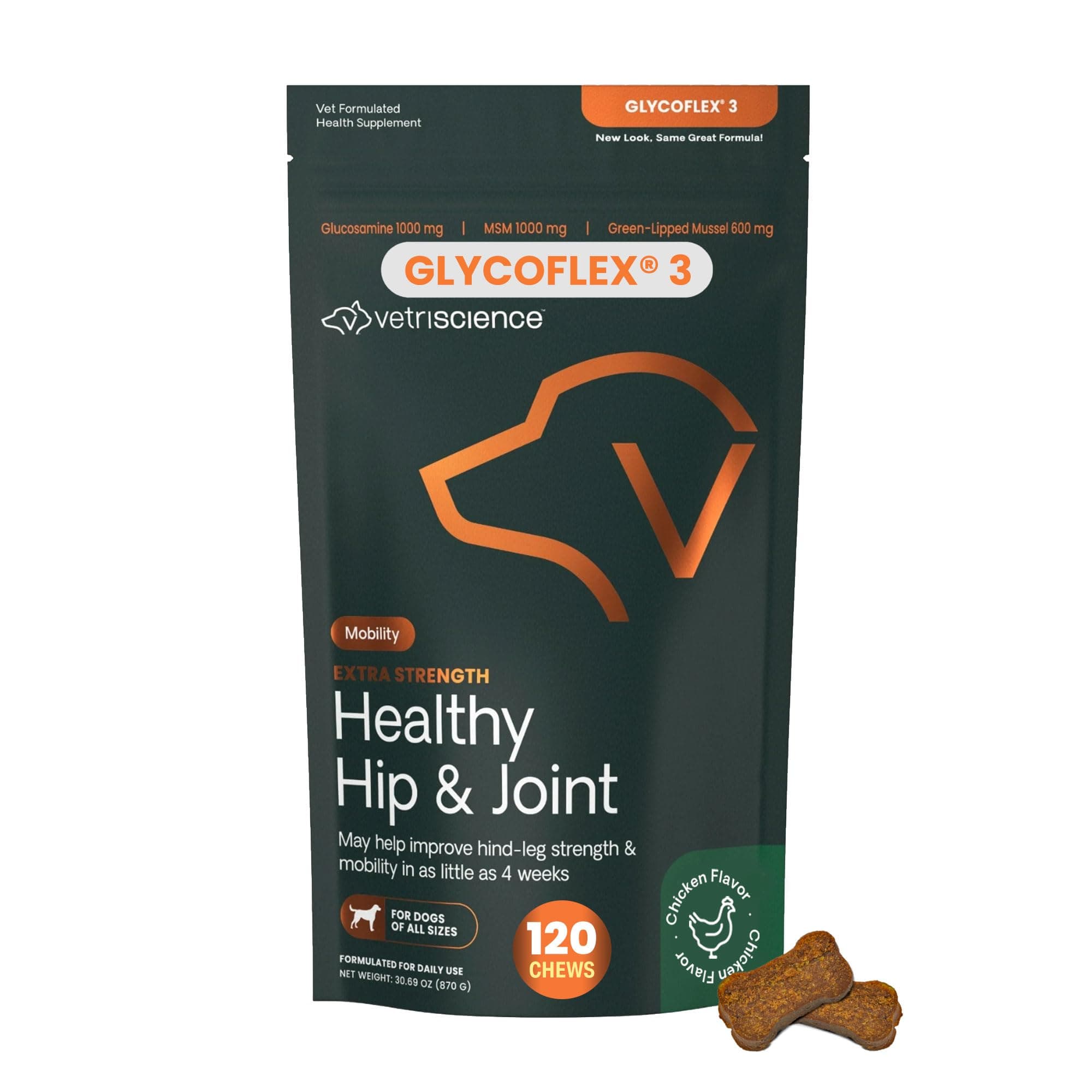 VetriScience Extra Strength Healthy Hip & Joint Chews, GlycoFlex 3, Glucosamine, Green-Lipped Mussel, Joint Support Supplement for Dogs, Promote Mobility & Soothe Joint Discomfort, Chicken, 120 Count Chicken Chews 120 Ct