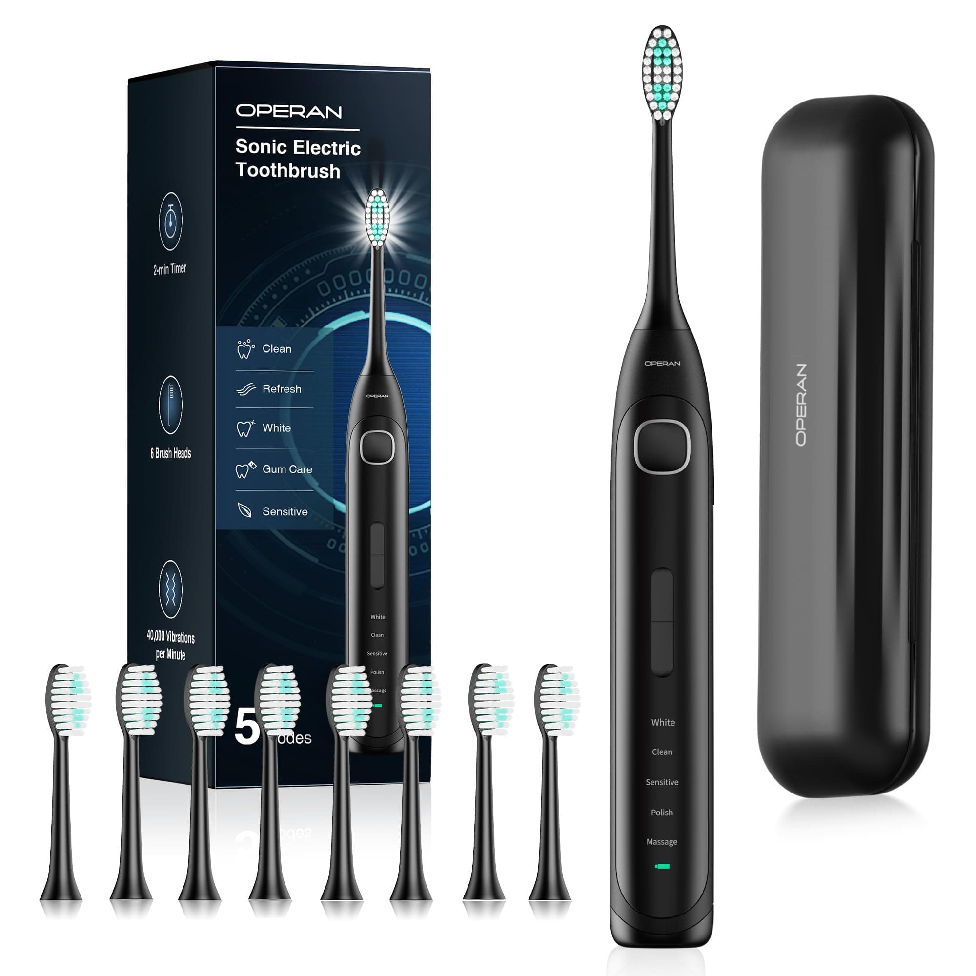 Operan Electric Toothbrush Rechargeable with 8 Brush Heads and Sonic Toothbrush with 5 Modes 2-Min Smart Timer & IPX7 Waterproof Electric Toothbrush for Adults, Travel Case (Black, 1Pack) Black 8 Brush Heads