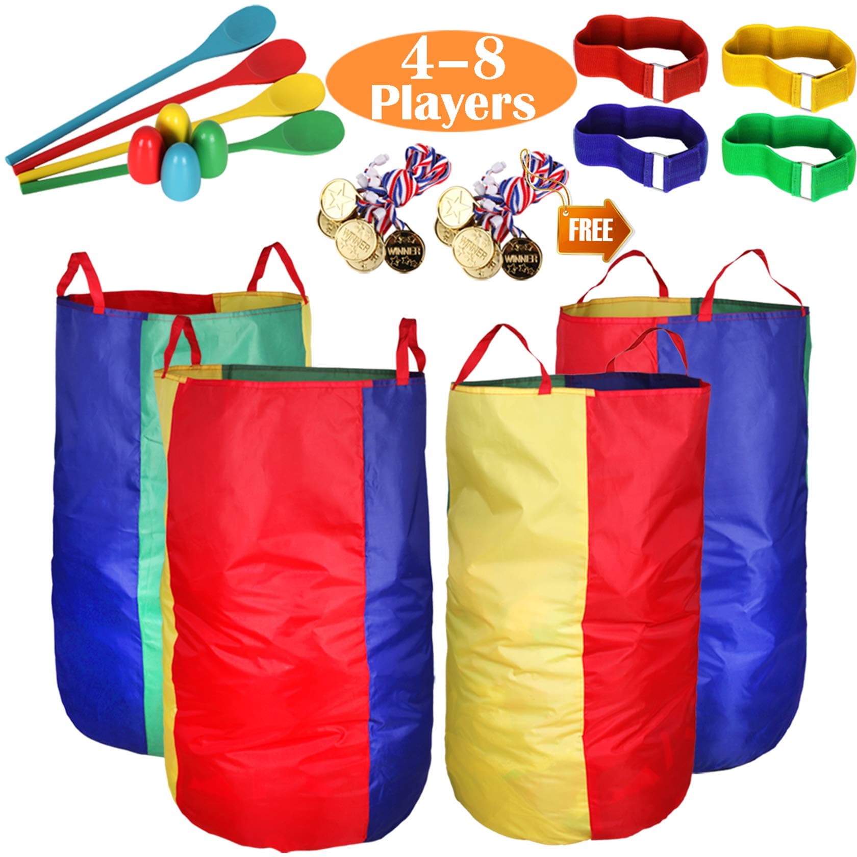 CWLAKON Outdoor Games, Potato Sack Race Bags for Kids Adults, Egg Spoon Relay Race, 3 Legged Race Bands, Birthday Party, Field Day Family Reunion Carnival Outside Yard Lawn Easter Fall Festival Games Pack of 24 Oxford Cloth