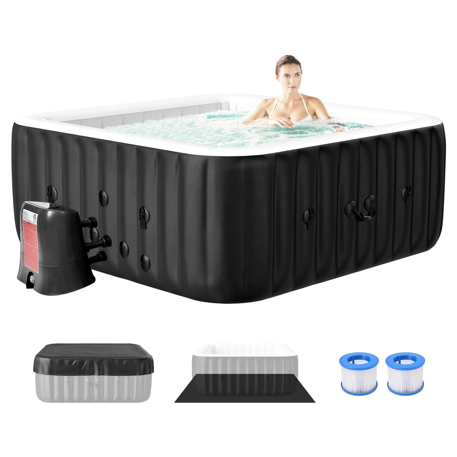 Blow Up Inflatable Hot Tub, 4-6 Person Large Square Portable Hot Tub, Leak-Proof PVC Outdoor Spa with 130 Air Jets, Heater Pump and Insulated Cover, 73” X 73”X 25”