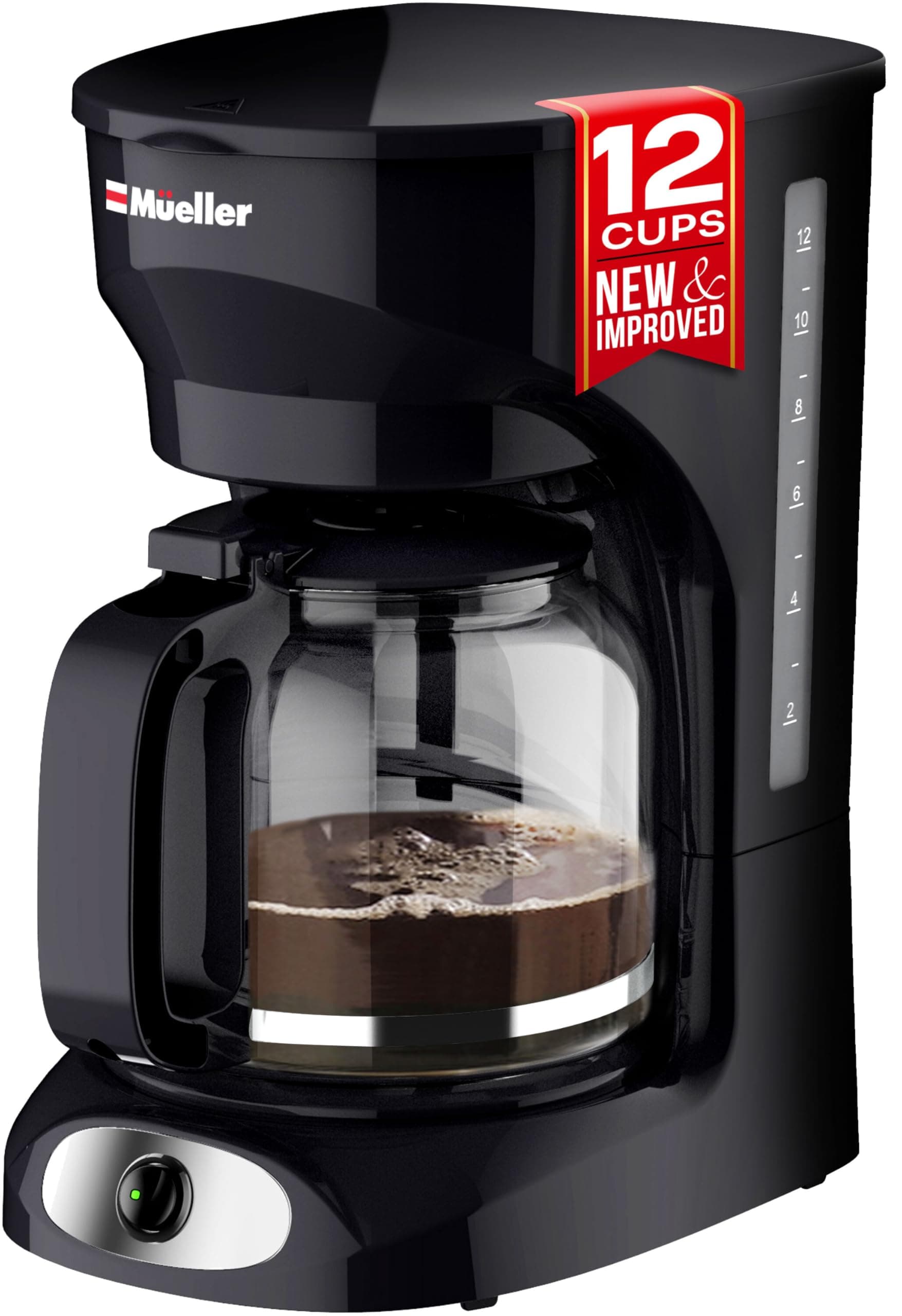 Mueller 12-Cup Drip Coffee Maker - Borosilicate Carafe, Auto-Off, Reusable Filter, Anti-Drip, Keep-Warm Function, Clear Water Level Window Coffee Machine, Kitchen Essentials & Accessories Black