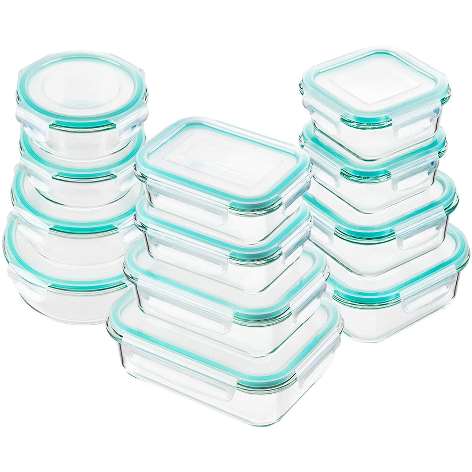 Bayco Glass Food Storage Containers with Lids, [24 Piece] Meal Prep, Airtight Bento Boxes, Leak Proof (12 lids & 12 Containers) - Blue
