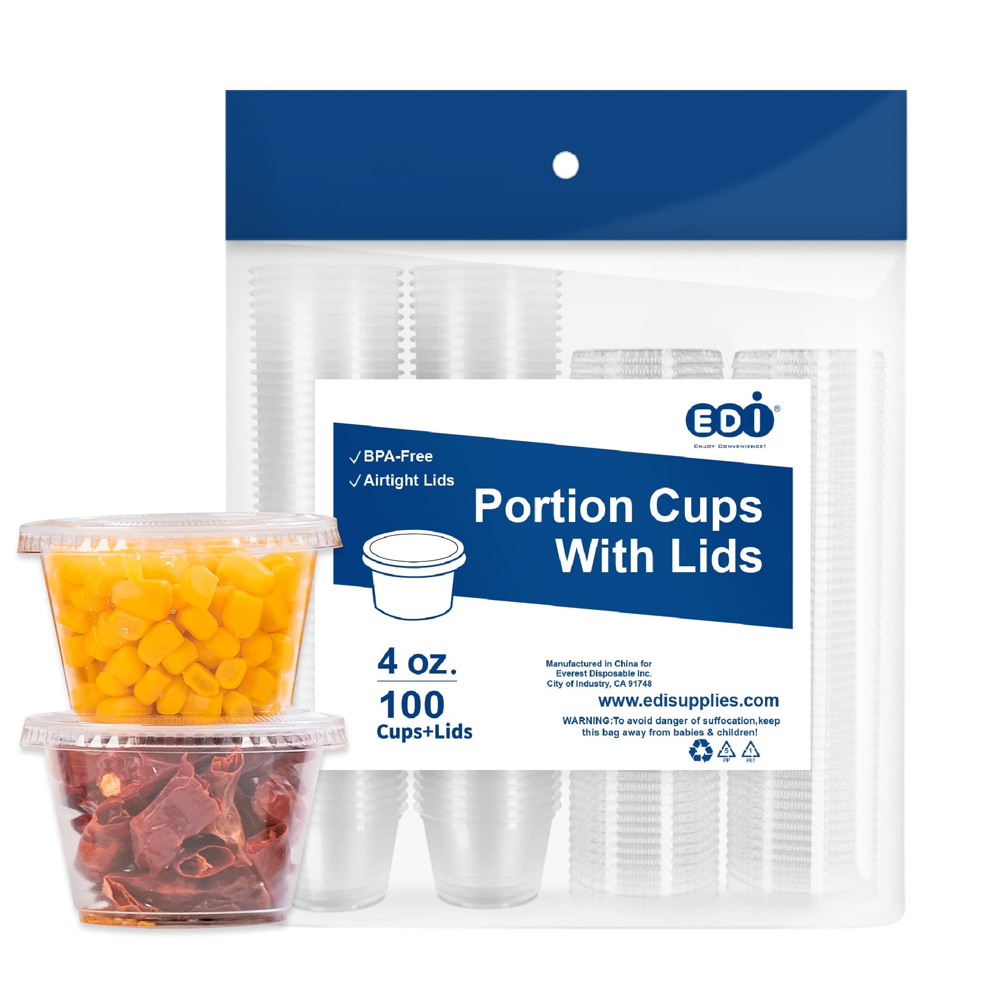 EDI [4 OZ, 100 Sets] Clear Disposable Plastic Portion Cups with Leakproof Lids for Condiment and Dipping Sauce | Jello Shot/Souffle Cups| BPA Free | Recyclable 100 4 OZ