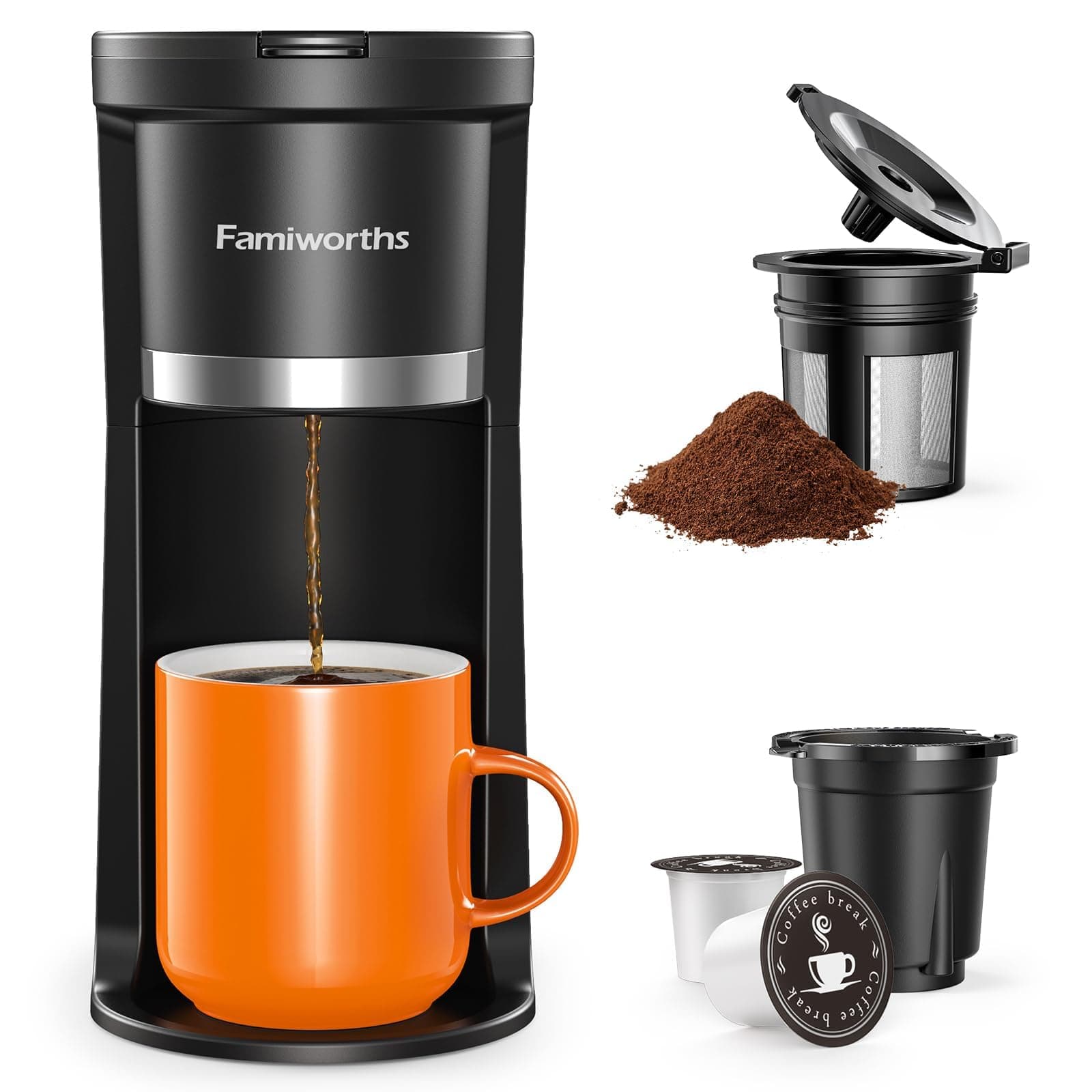 Famiworths Mini Coffee Maker Single Serve, Instant Coffee Brewer One Cup for K Cup & Ground Coffee, 6 to 12 Oz Brew Sizes, Capsule Coffee Machine with Water Window and Descaling Reminder, Black