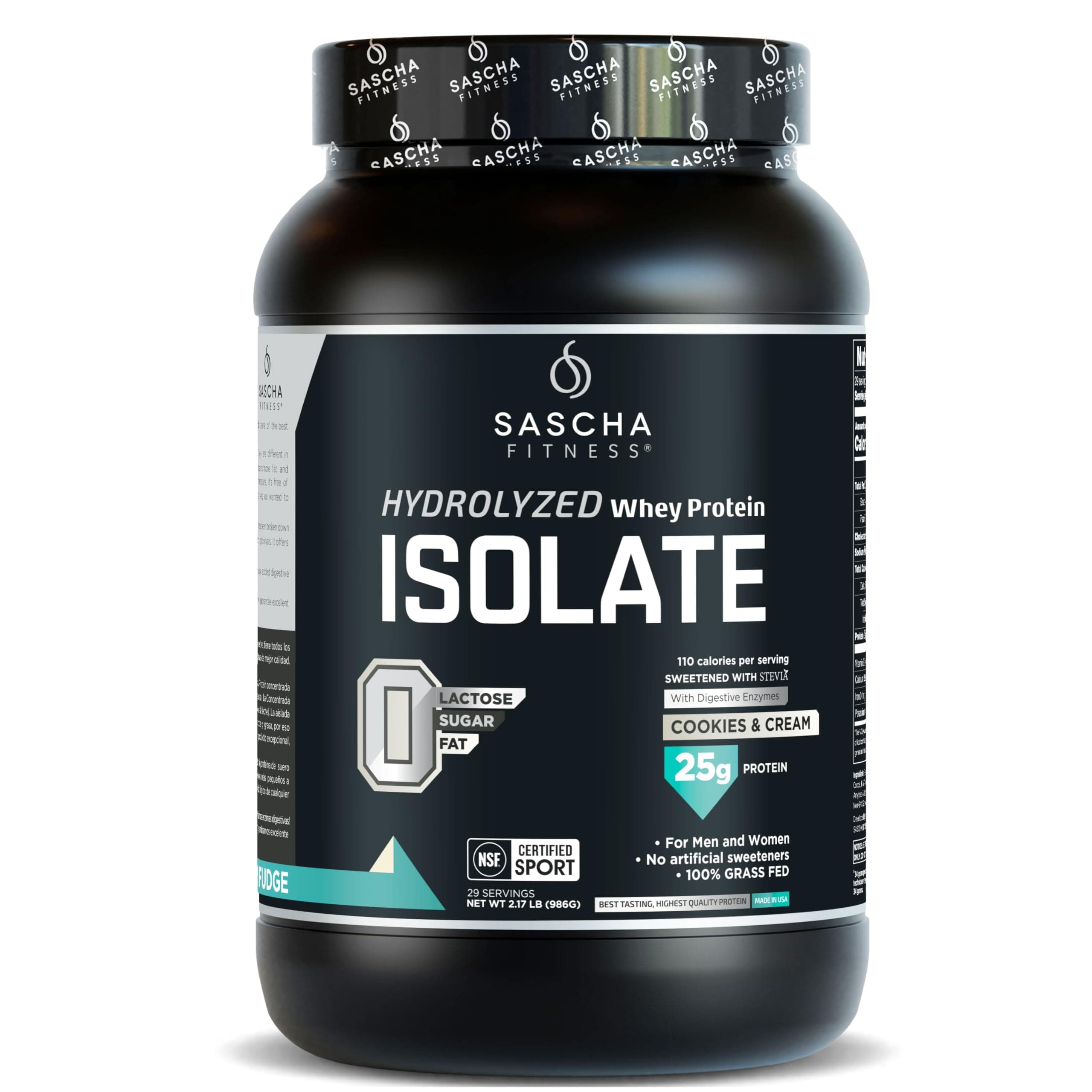 SASCHA FITNESS SASCHA FITNESS Hydrolyzed Whey Protein Isolate,100% Grass-Fed (2 Pounds, Cookies & Cream)