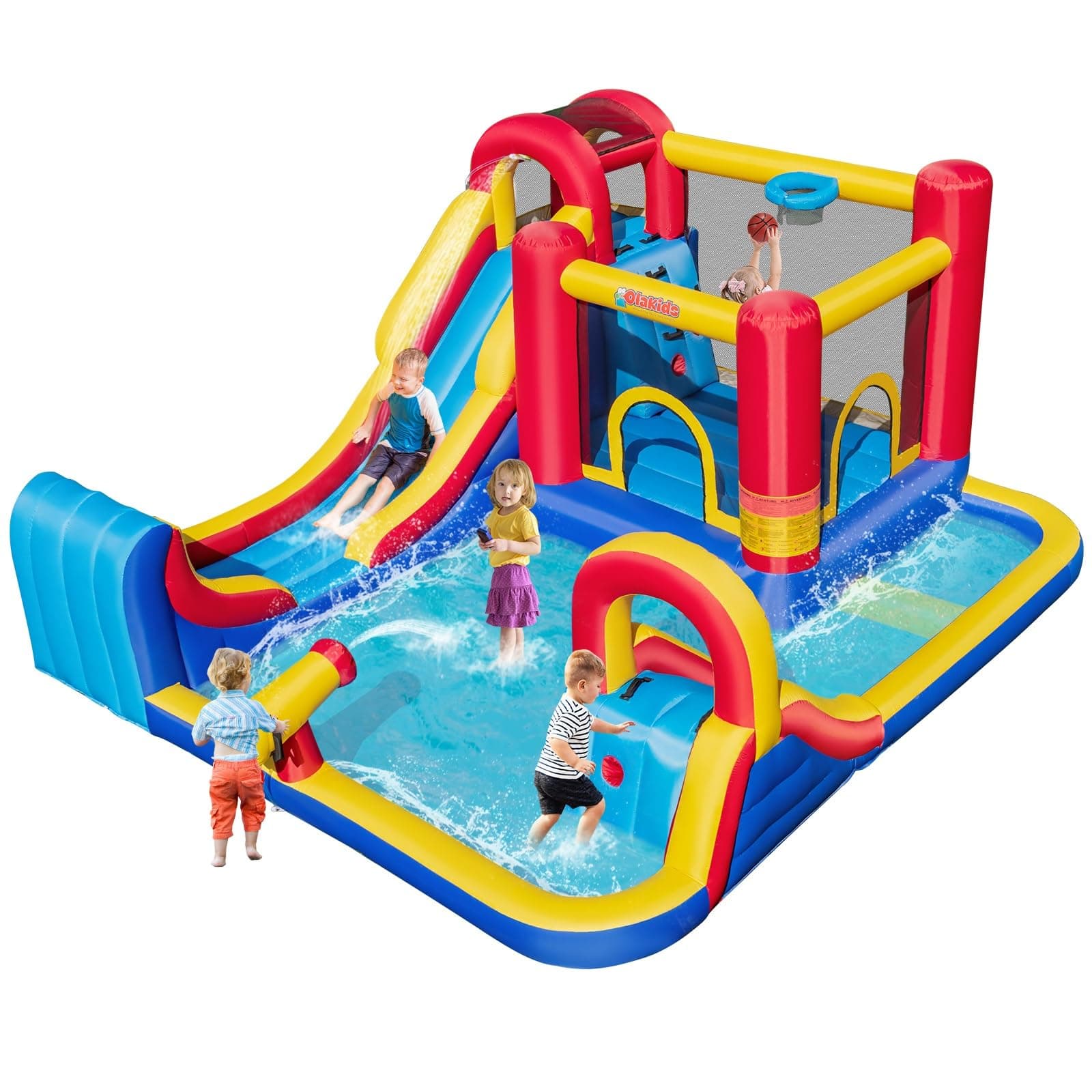 OLAKIDS Inflatable Water Slide, 8 in 1 Bounce House Water Park with 2 Slides Splash Pools, Water Gun Basketball Rim, Outdoor Inflatable Obstacle Course for Kids Backyard (Without Blower)