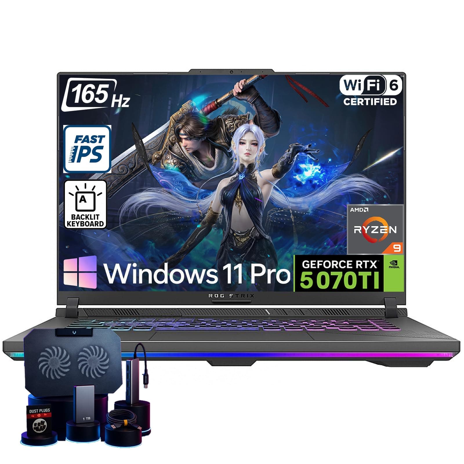 ASUS ROG Strix-G16 Gaming Laptop - AMD Ryzen 9 8940HX (Up to 5.3 GHz), NVIDIA GeForce RTX 5070 Ti, 16" 165Hz 300 nits Display, 64GB DDR5 RAM, 4TB SSD, WiFi 6E, Backlit KB, Win11 Pro, with Accessories 64GB DDR5 RAM | 4TB SSD