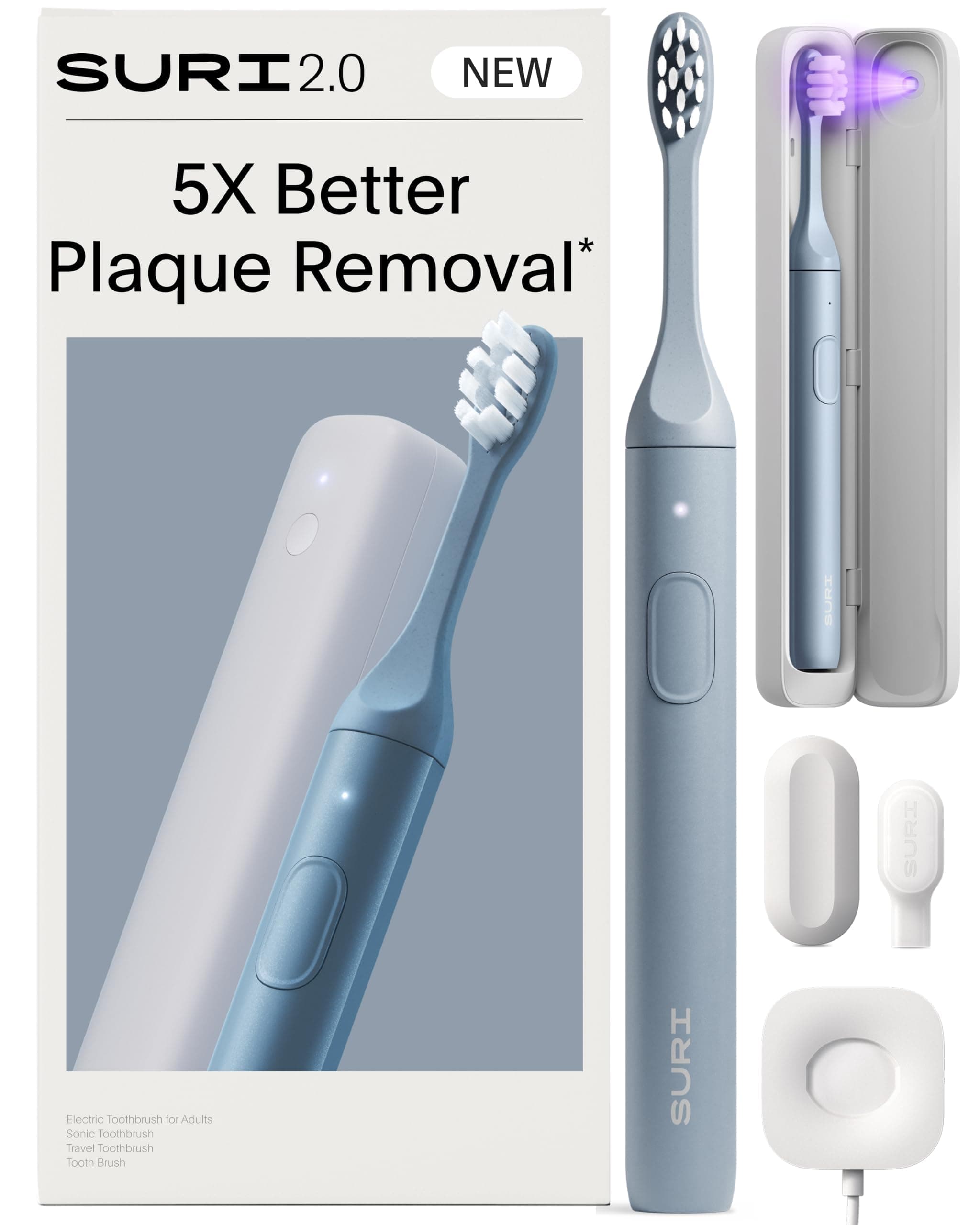 SURI SURI 2.0 New Sonic Electric Toothbrush with Pressure Sensor & UV-Cleaning Travel Case | 1 Month+ Battery | Electric Toothbrush for Adults | Travel Toothbrushes | Tooth Brush | Blue Case + SURI 2.0 Morning Waves