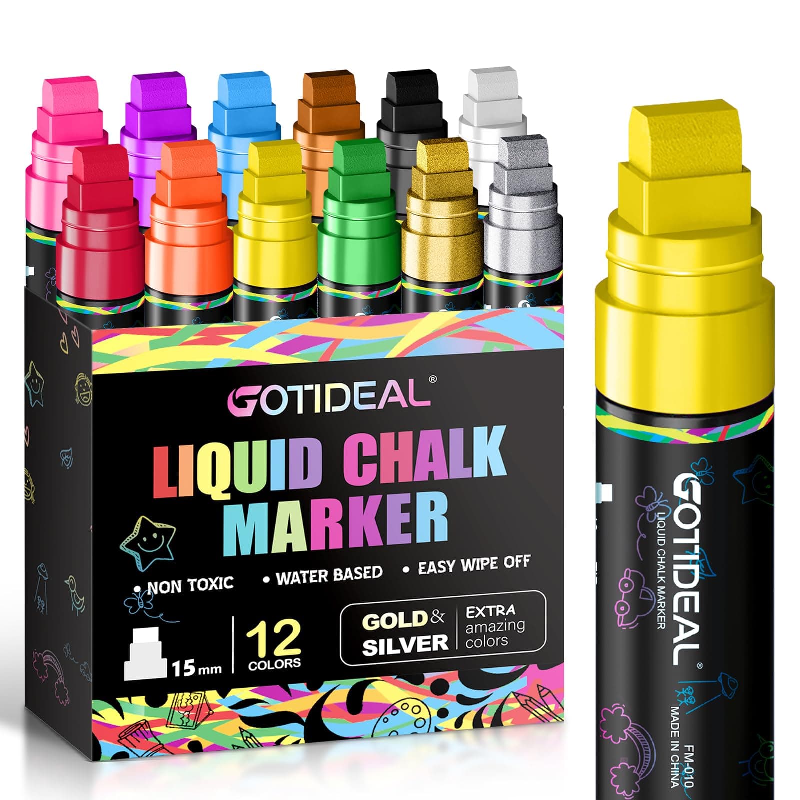 GOTIDEAL Window Markers, Jumbo Chalk Markers for Blackboard Erasable,Washable Car markers for Auto,Chalkboard,Glass,Mirrow,Calendar,Thick Tip12 Colors Car Paint Pens With Metallic Colors(15mm)
