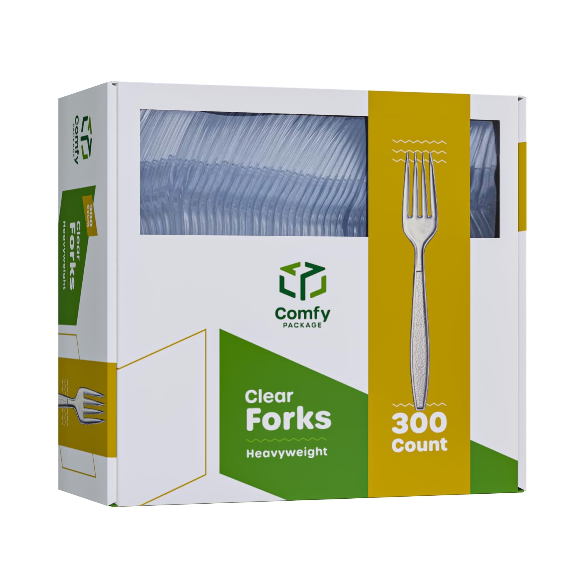 Comfy Package [300 Pack] Heavyweight Clear Plastic Forks with Engraved Design - Disposable Sturdy Plastic Utensils for Parties, Weddings, and Events