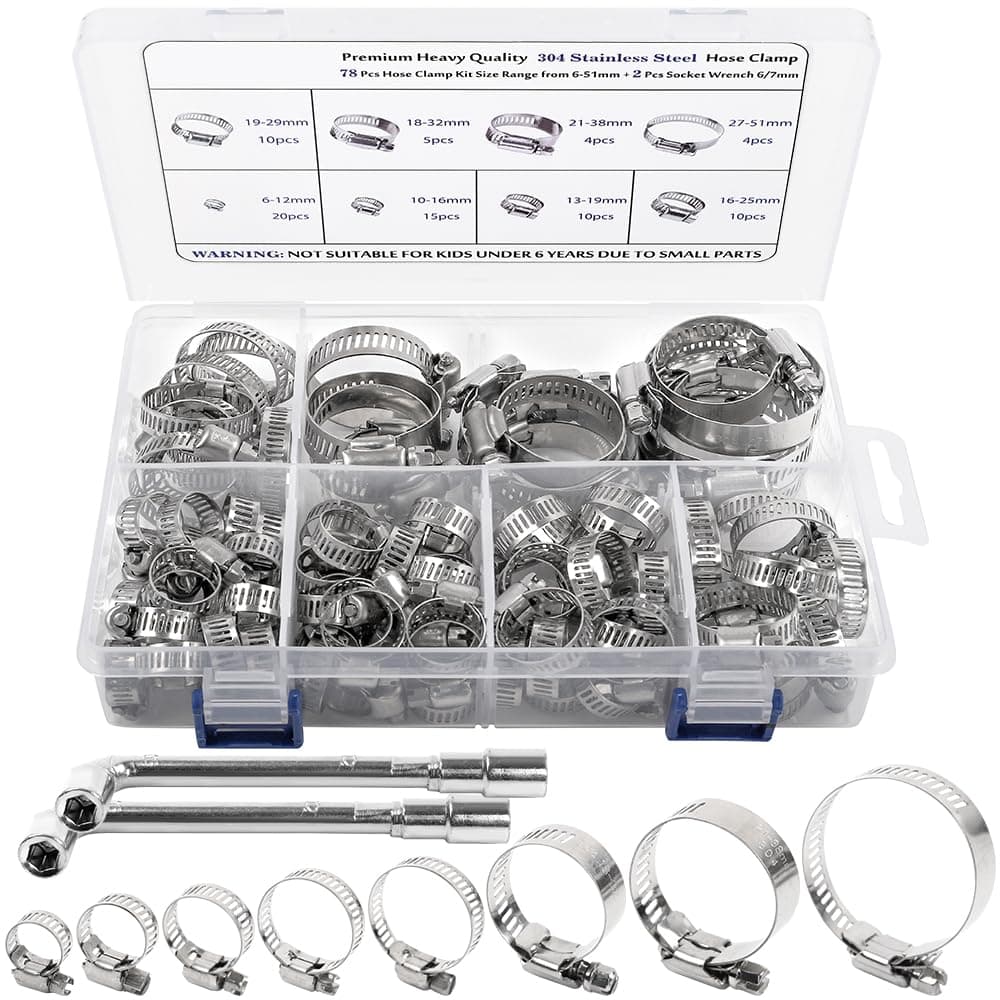 HongWay 78 Pack Hose Clamp Assortment Kit, Adjustable Range 1/4-2in(6-51mm), 304 Stainless Steel Hose Clamps with 2pcs Socket Wrench, for Plumbing, Automotive and Mechanical Application
