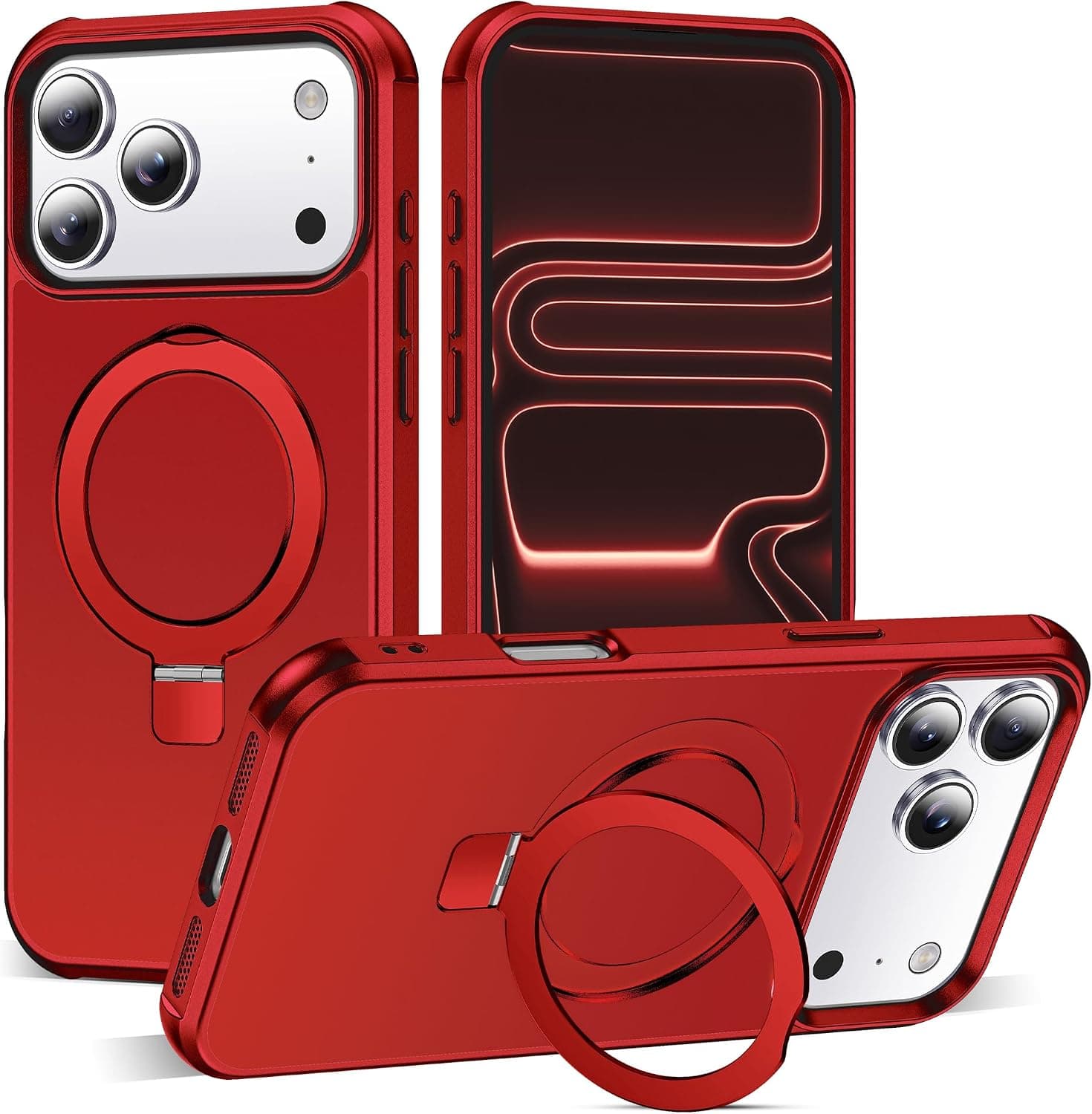 Compatible with iPhone 17 Pro Max Case with Invisible Magnetic O-Ring Stand Military-Grade Phone Case for iPhone 17 ProMax 6.9" [Compatible with Mag-Safe][Great Grip Feeling], Red Red iPhone 17 Pro Max