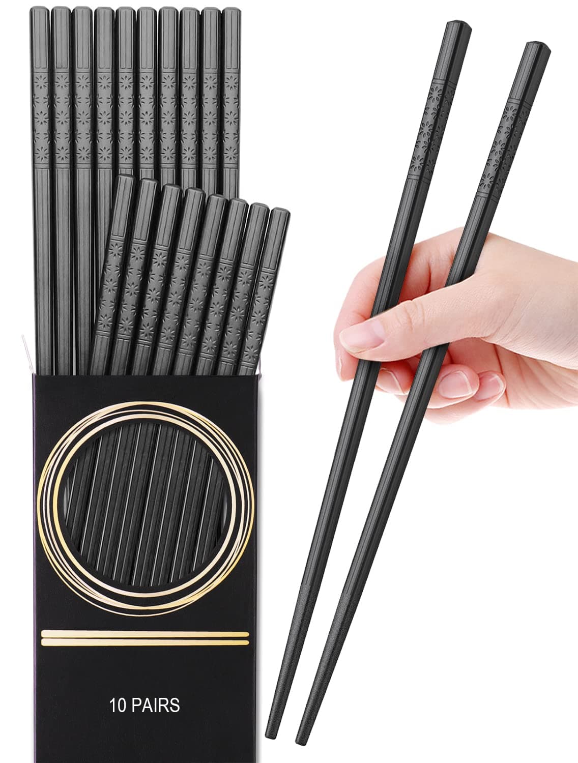 GLAMFIELDS 10 Pairs Fiberglass Chopsticks, Reusable Japanese Chinese Chop Sticks Dishwasher Safe, Non-Slip, 9 1/2 inches Black Cherry-10 Pairs
