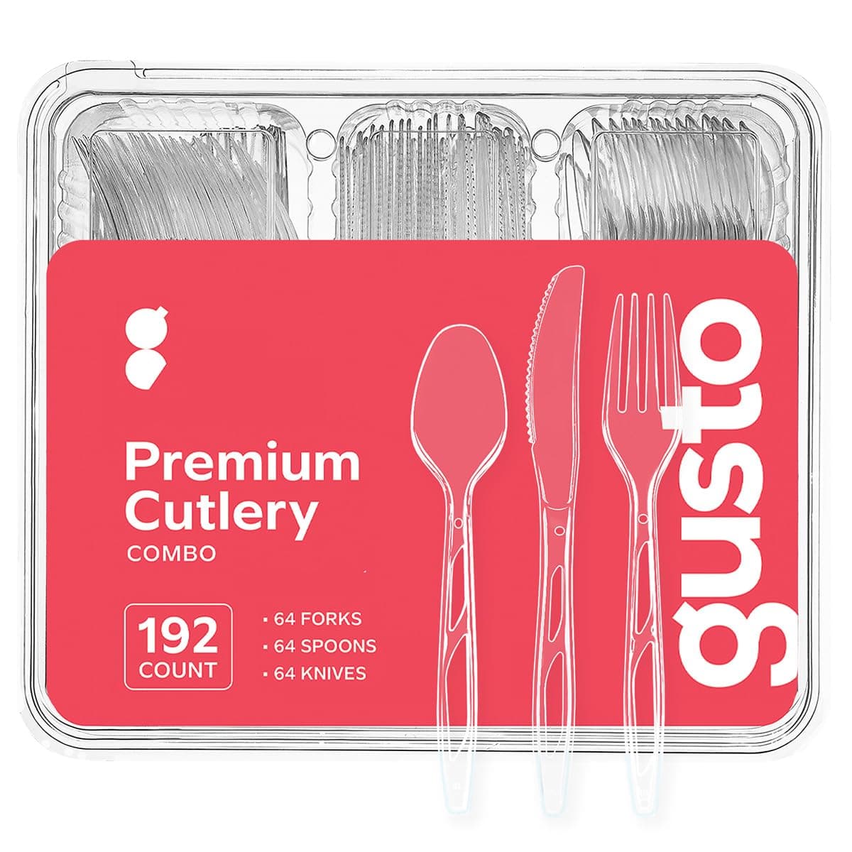 GUSTO [192 Combo Pack] Premium Heavyweight Disposable Clear Plastic Silverware - 64 Forks, 64 Spoons, 64 Knives, plastic utensils, Cutlery Set for Parties, Events, and Catering