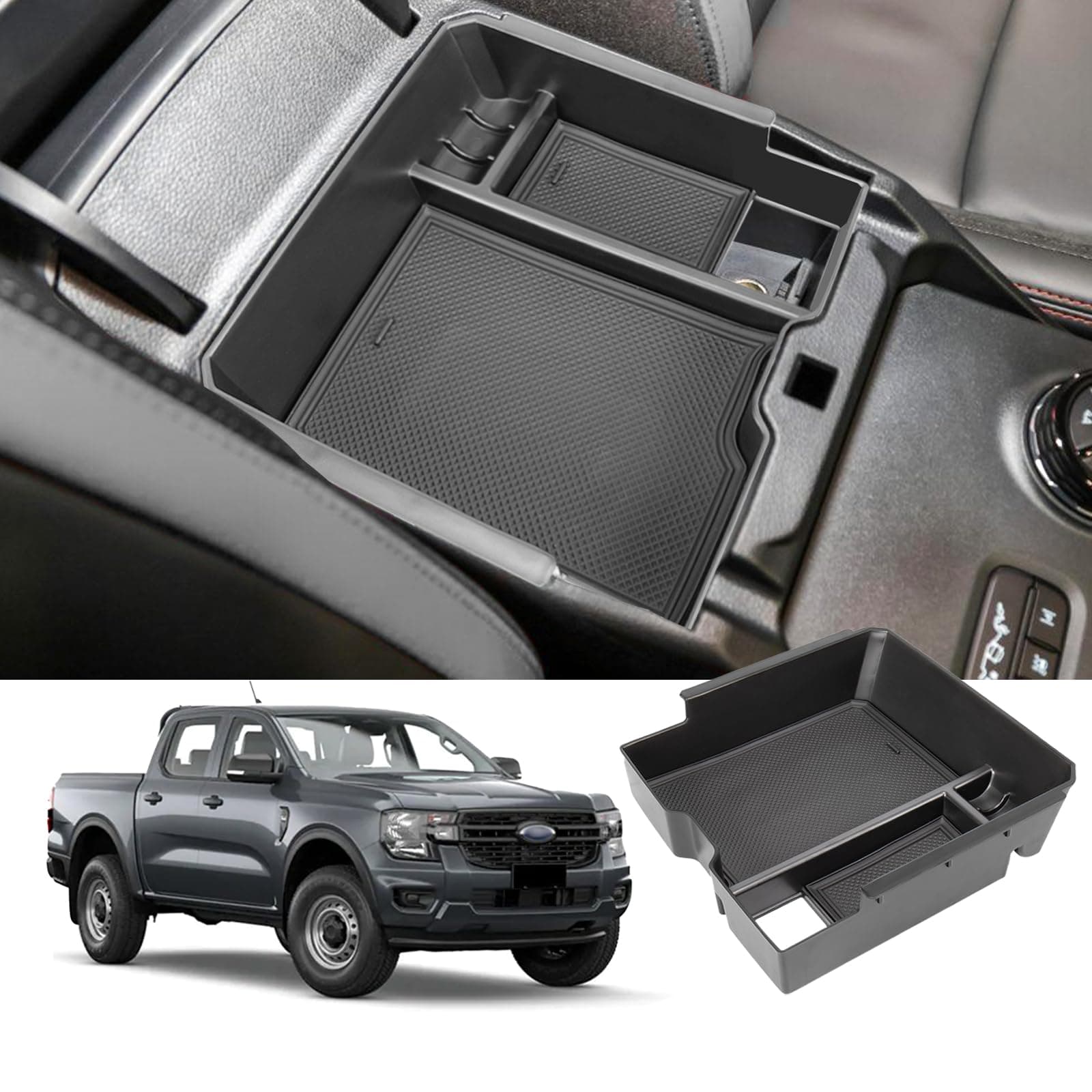 Center Console Organizer Tray Compatible with 2024 2025 Ford Ranger Raptor Lariat XL XLT Armrest Storage Box Insert Interior Accessories-ONLY FIT Electric Handbrake Version