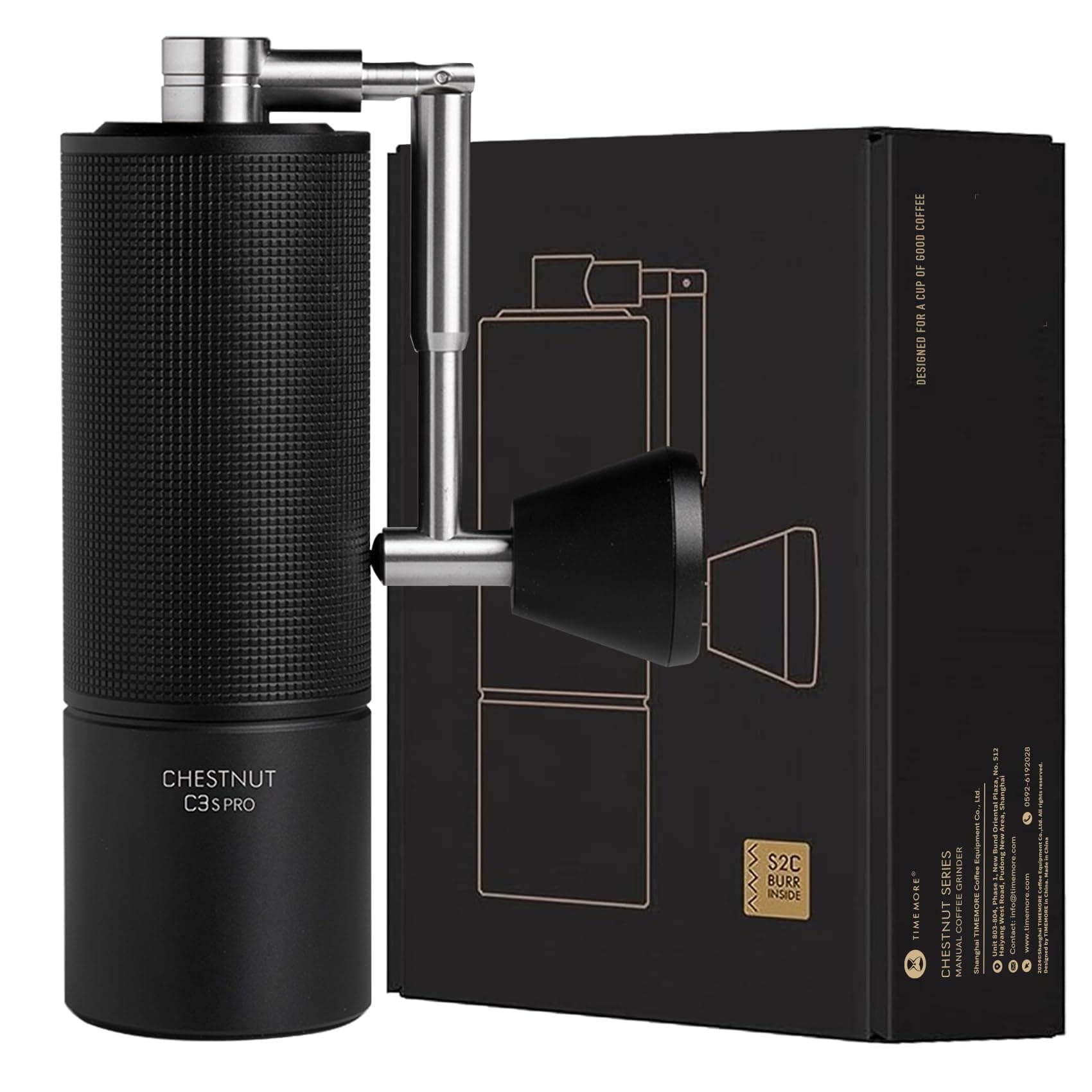 TIMEMORE Chestnut C3S Pro Manual Coffee Grinder, Stainless Steel S2C Conical Burr Coffee Grinder, Hand Coffee Grinder with Foldable Handle, Adjustable Grind Setting for Travel/Camping/Home, Black C3S Pro Black