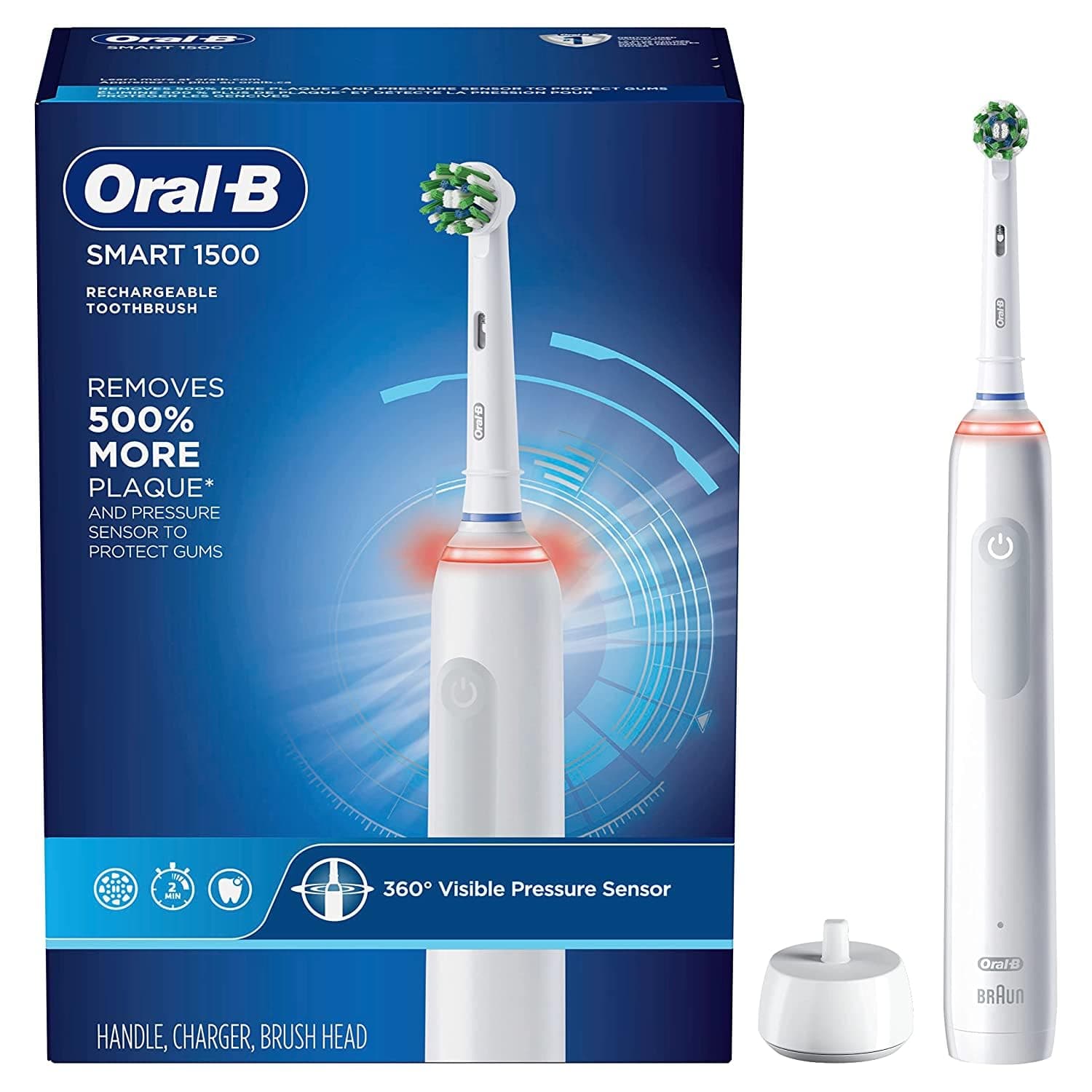Oral-B Smart 1500 Electric Power Rechargeable Battery Toothbrush, White White 1 Count (Pack of 1)
