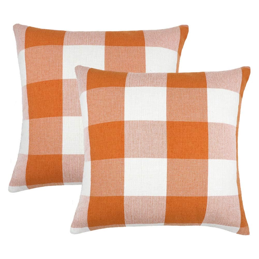 4TH Emotion Set of 2 Farmhouse Buffalo Check Plaid Throw Pillow Covers Cushion Case Polyester Linen for Fall Home Decor Orange and White, 18 x 18 Inches Orange & White 18" x 18" (Pack of 2)