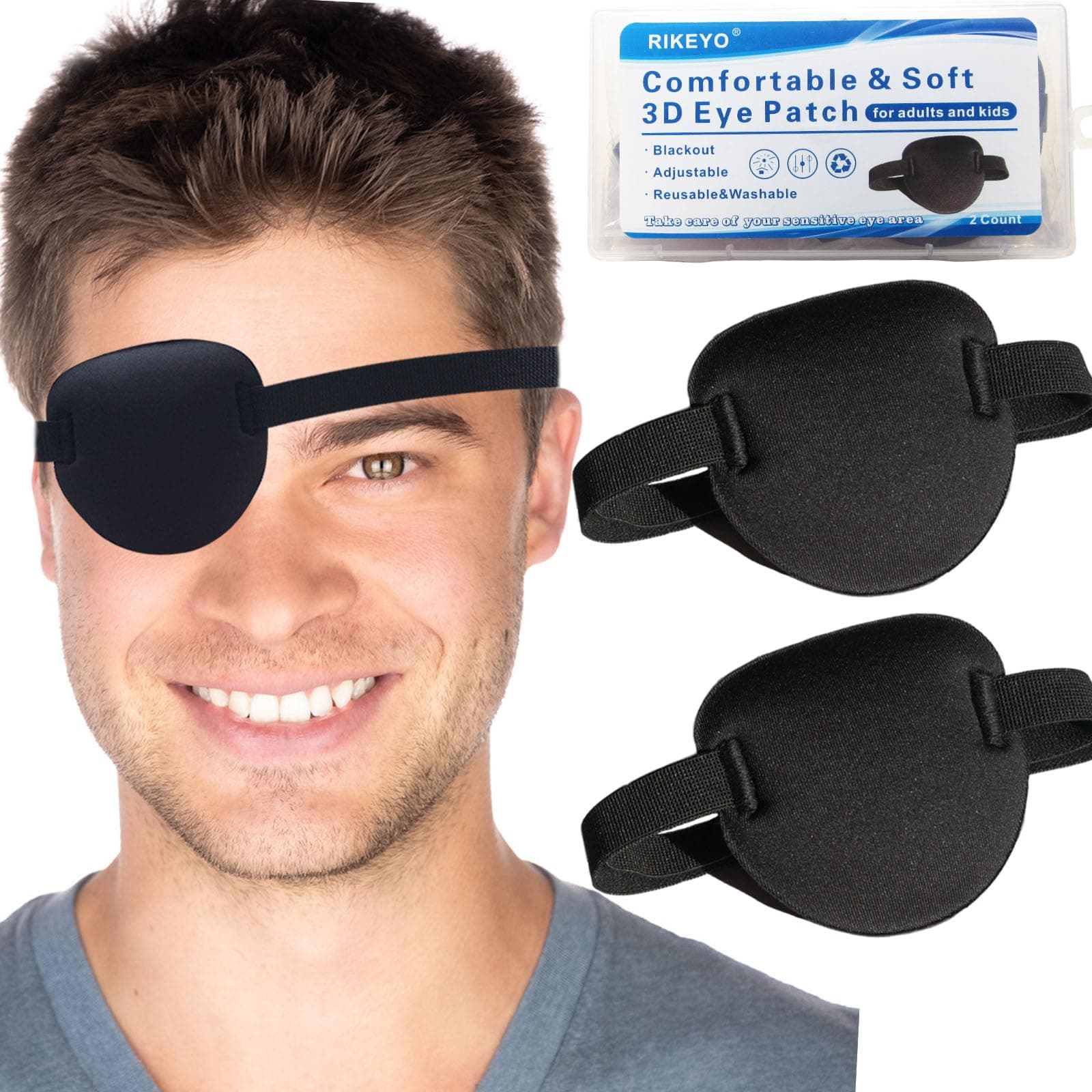 2 Pcs Eye Patches for Adults and Kids,3D Adjustable Eyepatch for Right or Left Eye,One Eye Cover for Lazy Eye,Pirate Costume(Black) Normal Black