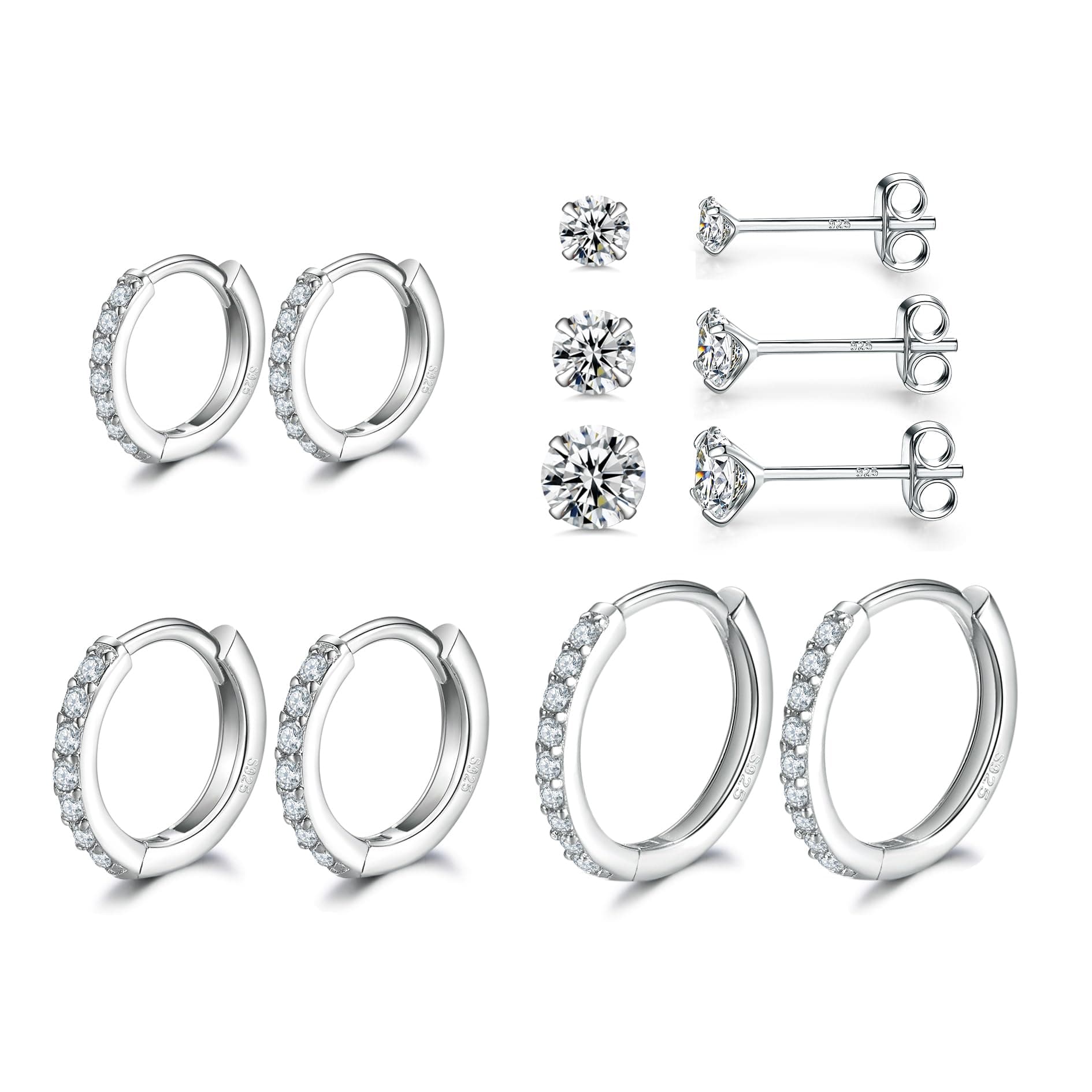 Dlihc Sterling Silver Hoop Earrings Sterling Silver Stud Earrings for Women 6 Pairs Hypoallergenic Tiny Cubic Zirconia Stud Set Cartilage Hoops 1# Silver hoop-8/10/12mm and stud-2/3/4mm