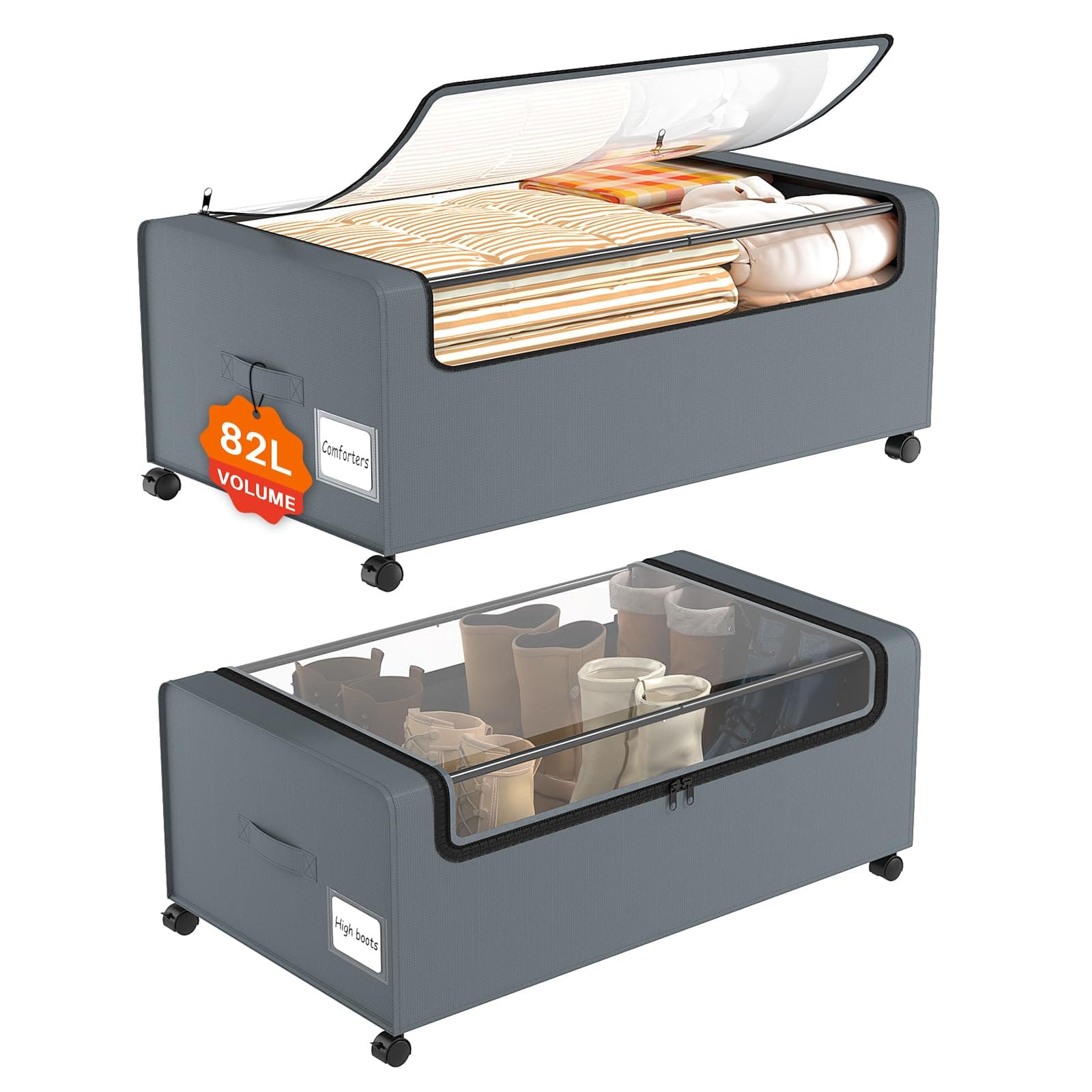 Webetop 12 inch Under the Bed Storage Bins with Clear Lid, Under Bed Storage Containers with Wheels for Underneath Small Spaces Dorms, Blankets (2 Pack, Grey, 30.7"x17.3"x12") 12 inch height Grey